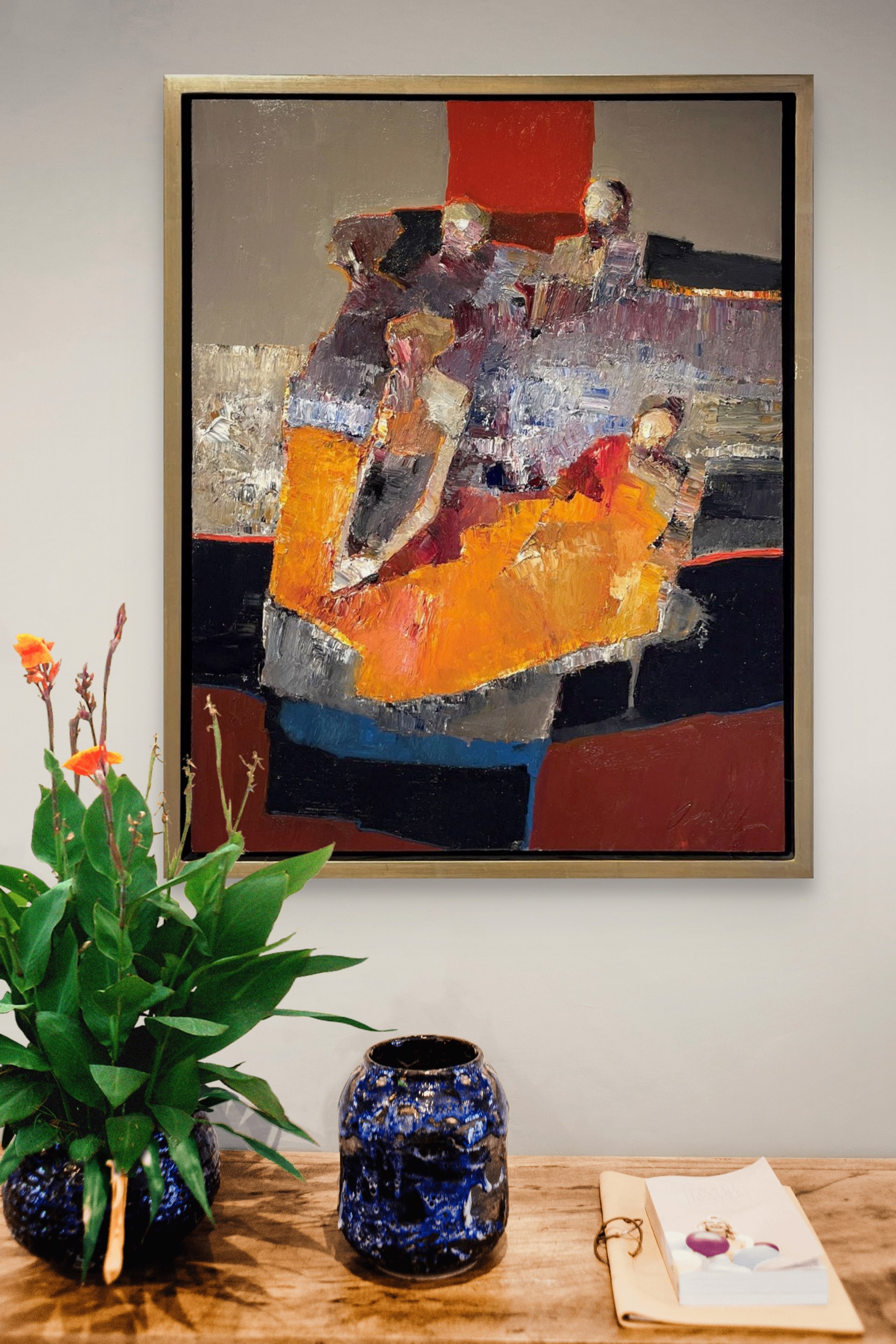 A painting of a group of people sitting on a couch.