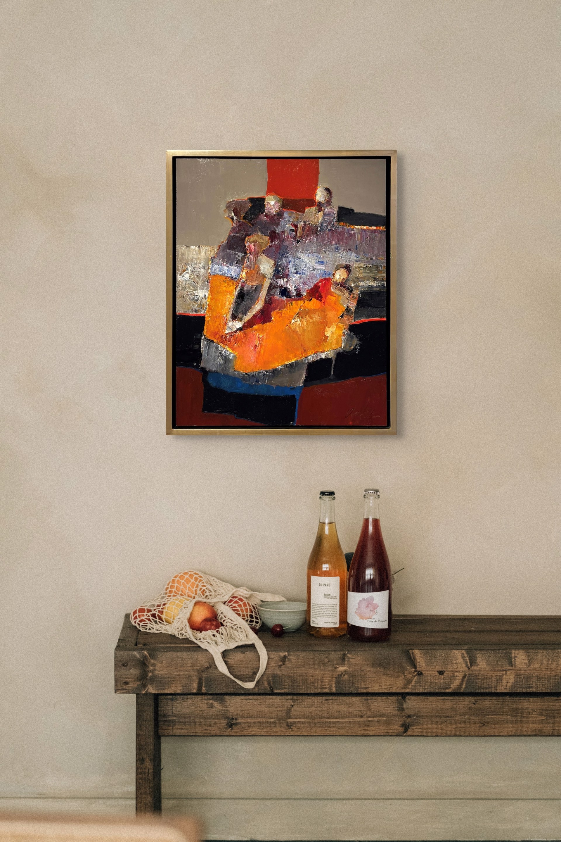A painting of a group of people sitting on a couch.