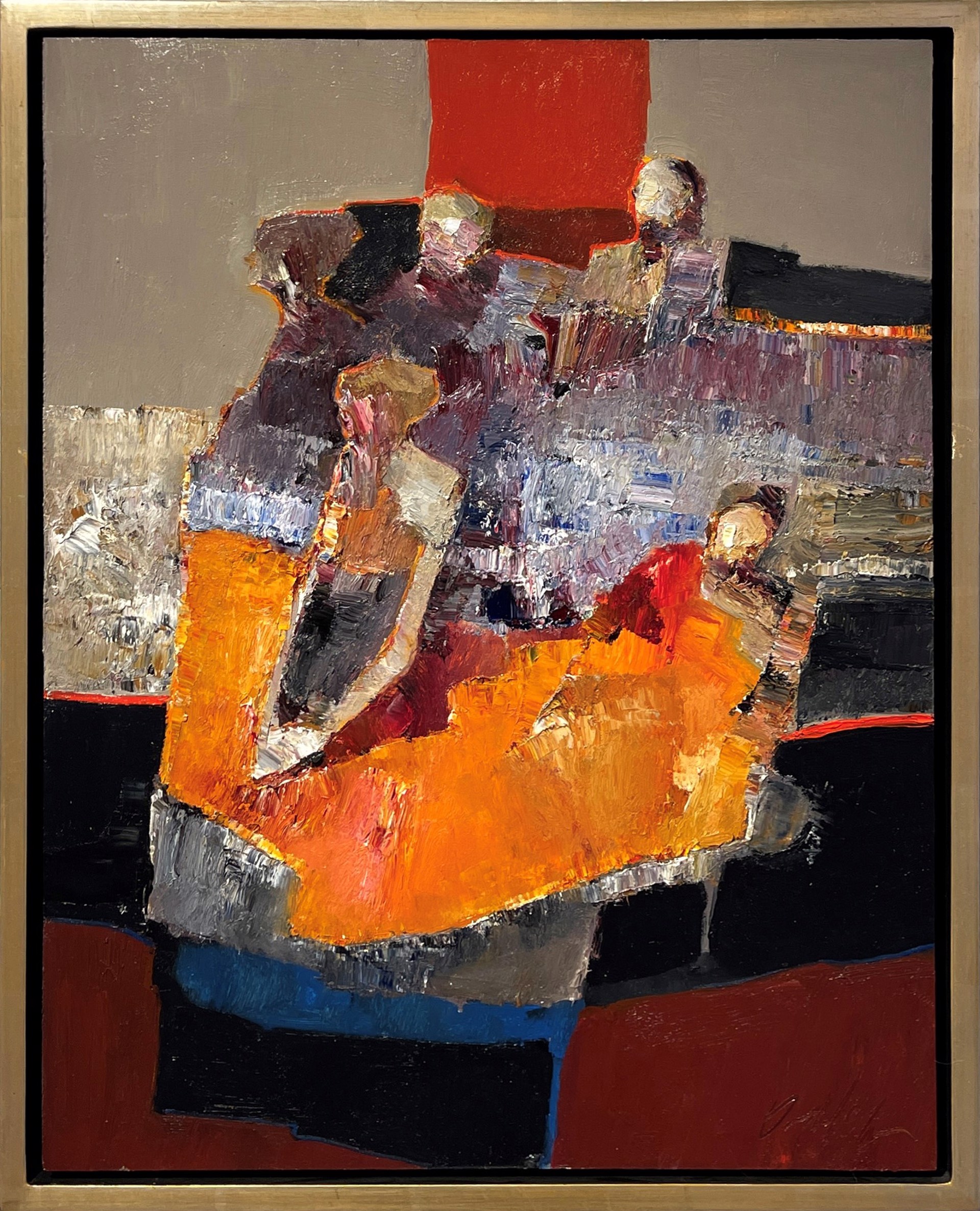 A painting of a group of people sitting on a couch.