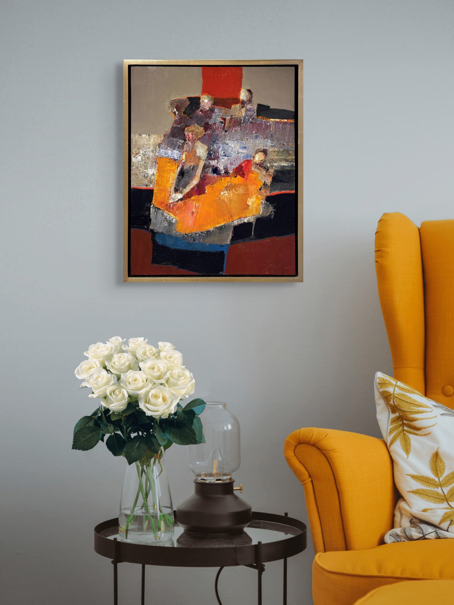 A painting of a group of people sitting on a couch.