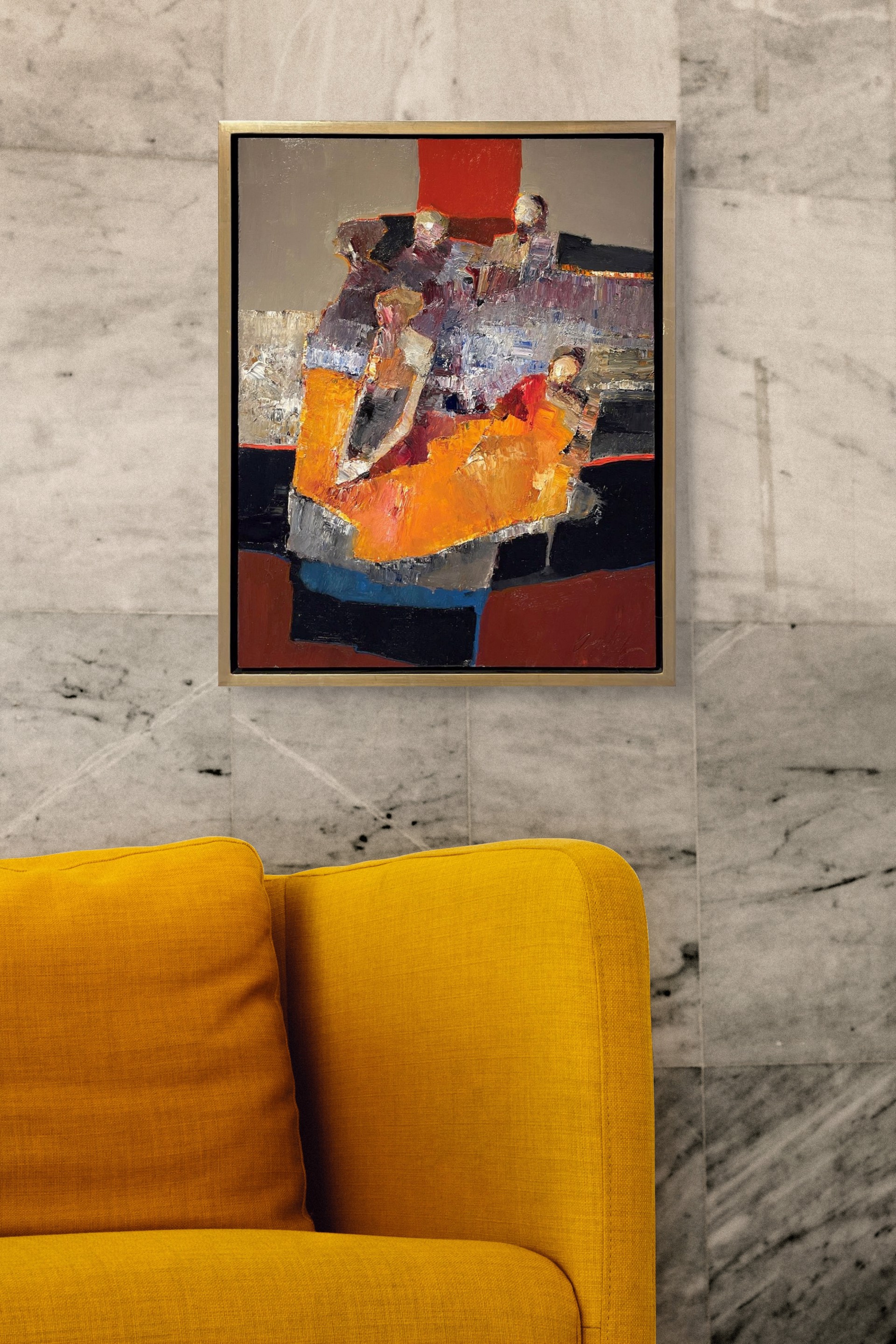 A painting of a group of people sitting on a couch.