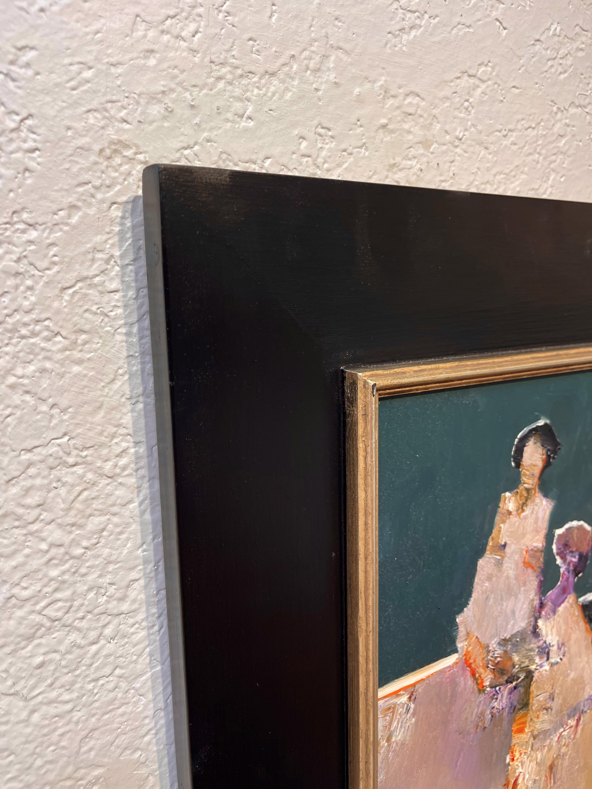A painting of two women sitting on a bench.