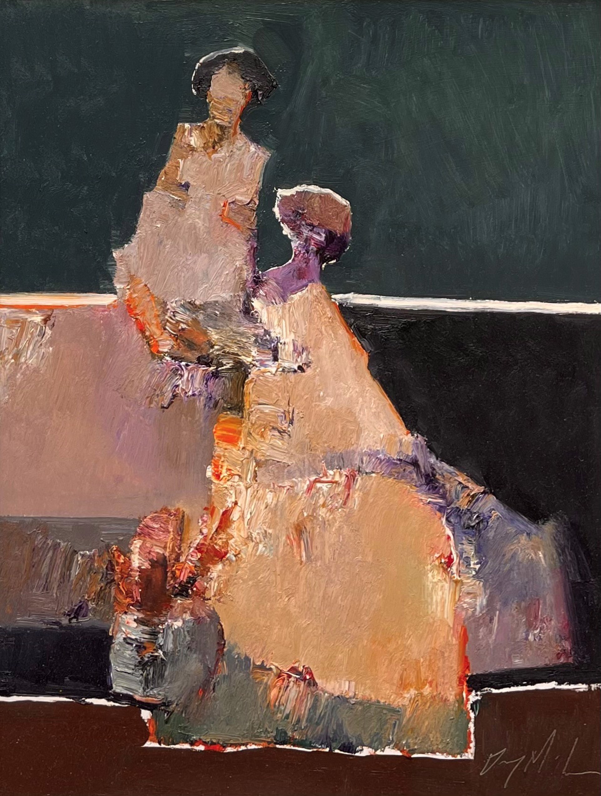 A painting of two women sitting on a bench.