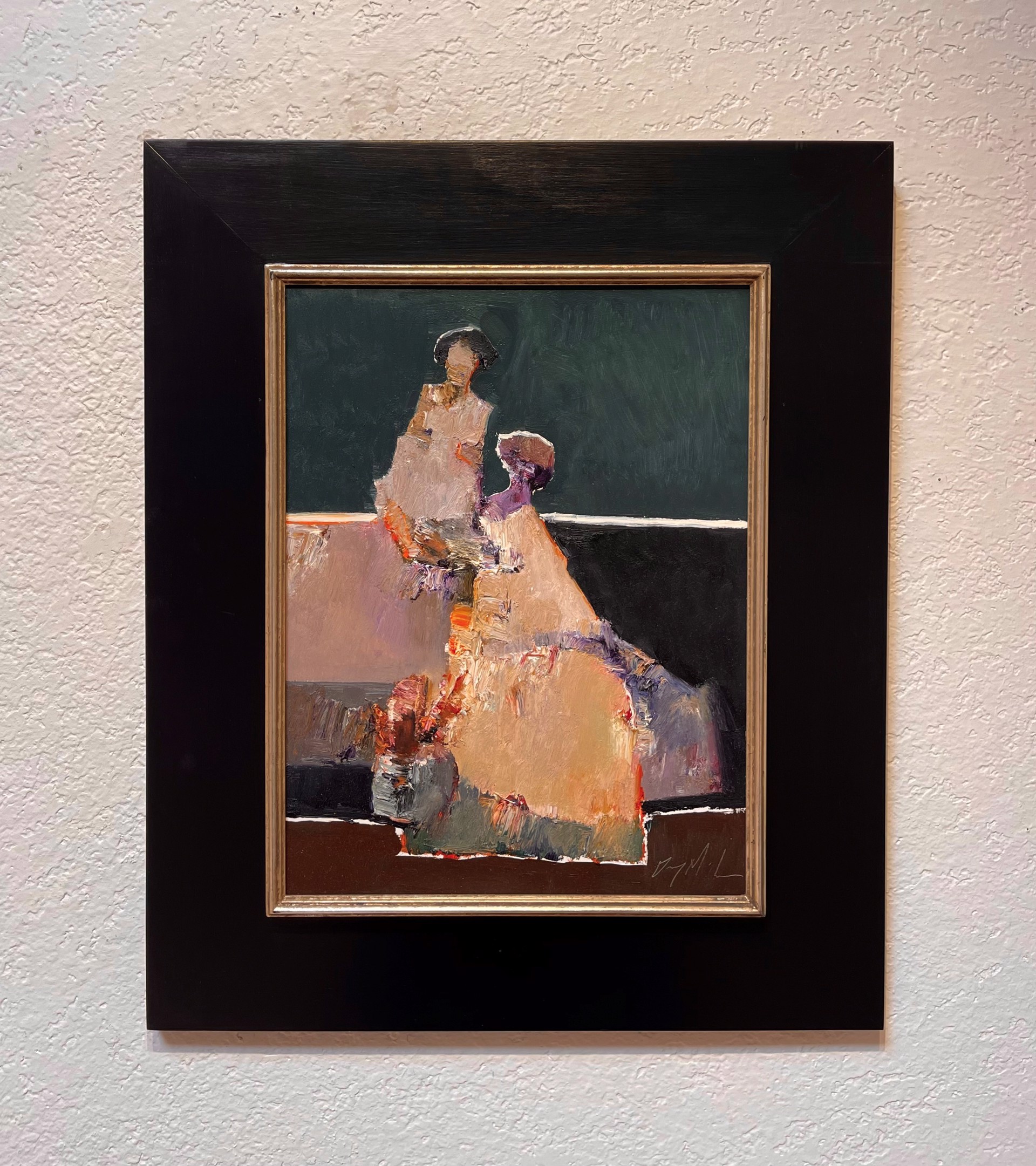 A painting of two women sitting on a bench.