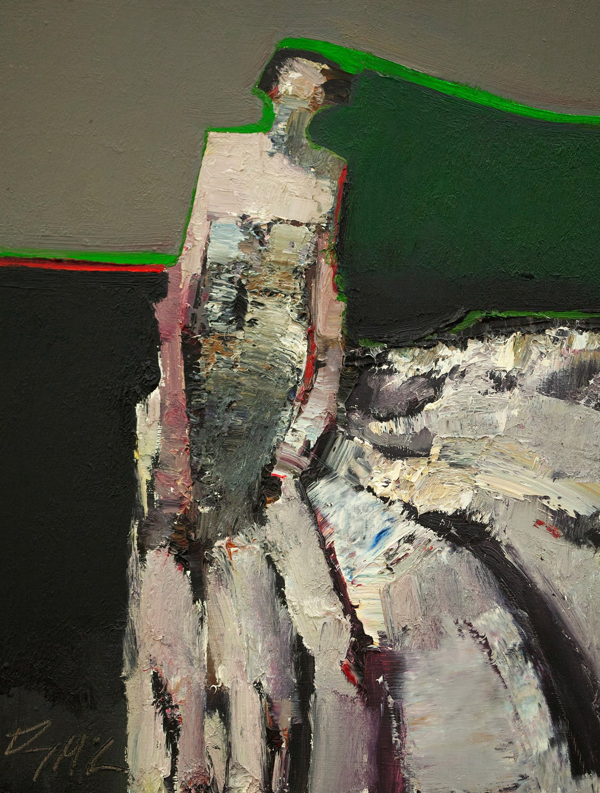 An abstract oil painting featuring a stylized figure in a landscape of bold, contrasting colors.