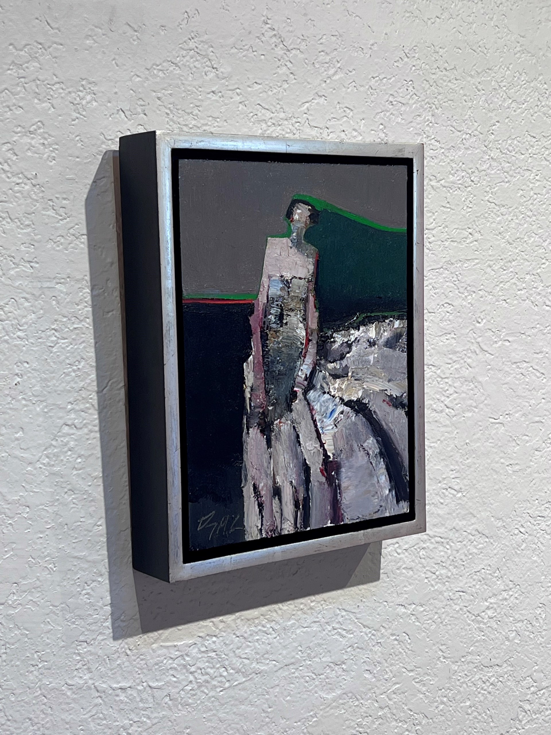 An abstract oil painting featuring a stylized figure in a landscape of bold, contrasting colors.