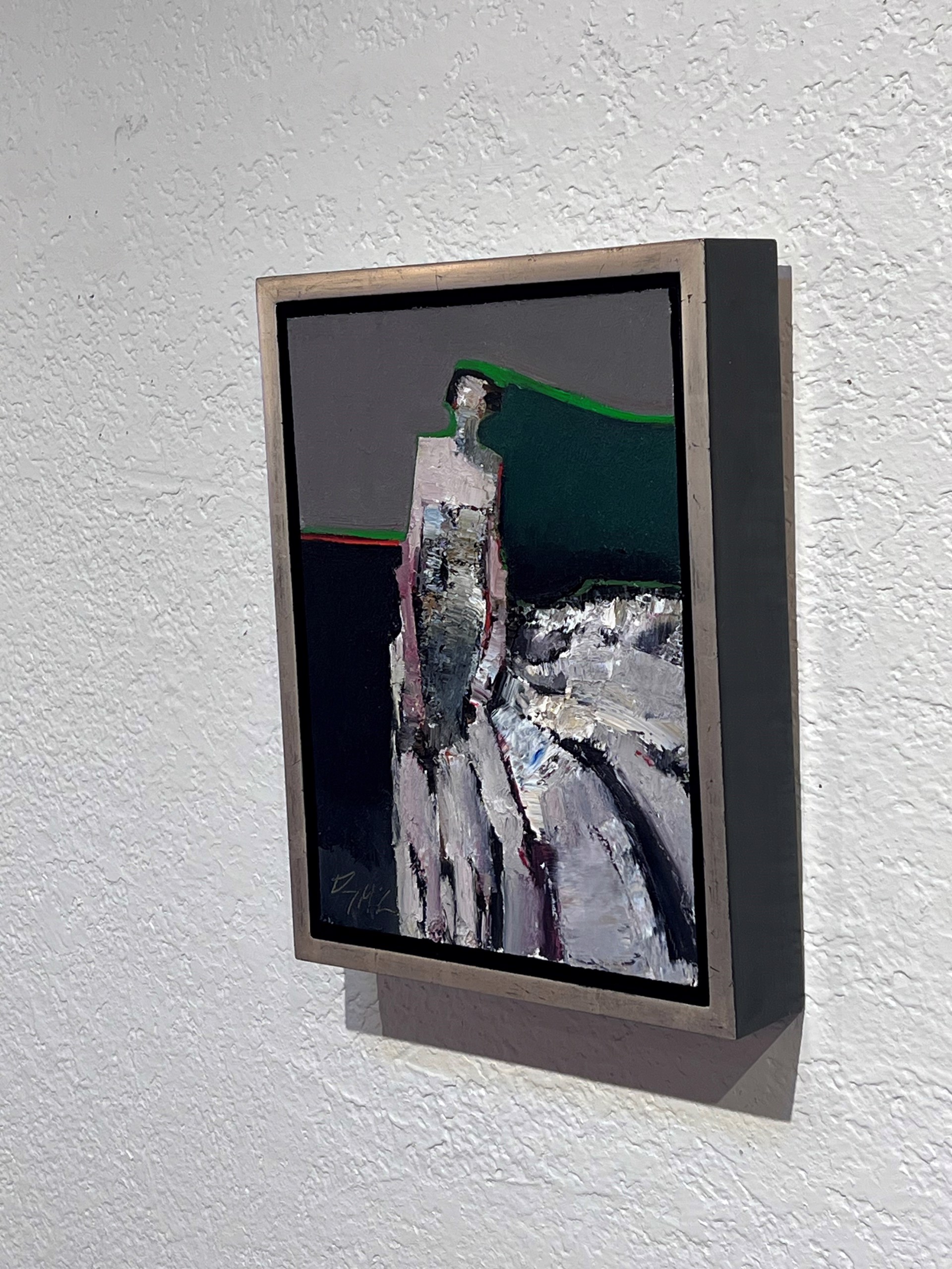 An abstract oil painting featuring a stylized figure in a landscape of bold, contrasting colors.