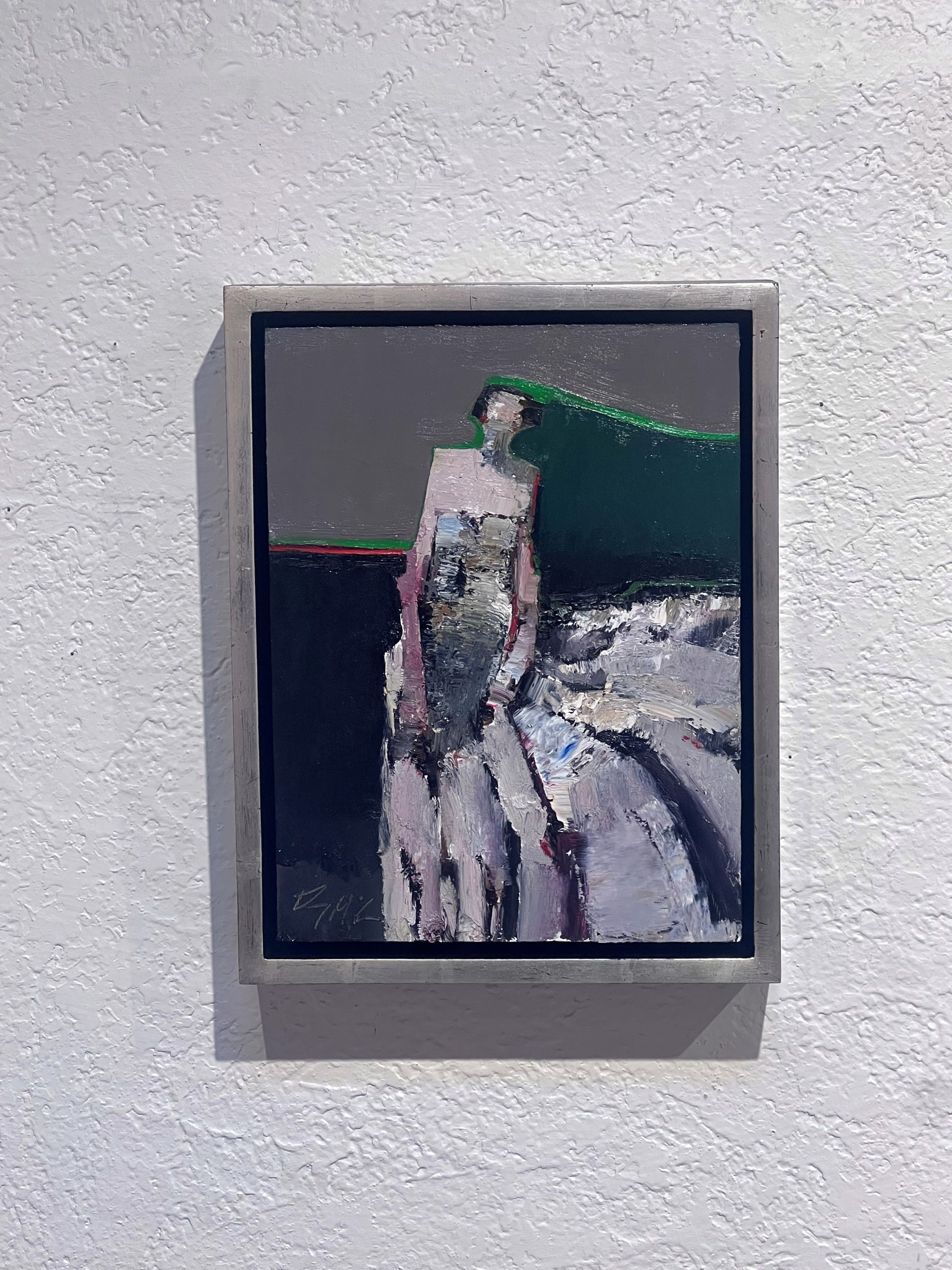An abstract oil painting featuring a stylized figure in a landscape of bold, contrasting colors.