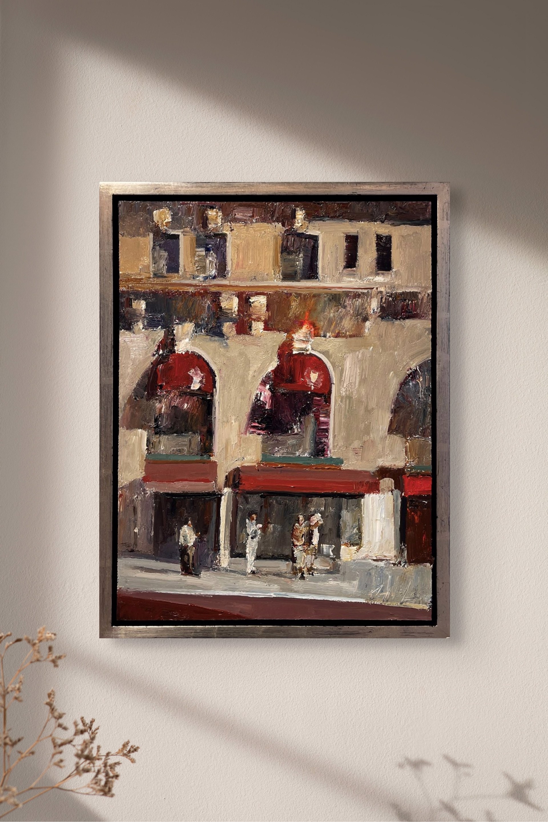 An expressive painting of a sunlit plaza with arched storefronts and figures gathered below.