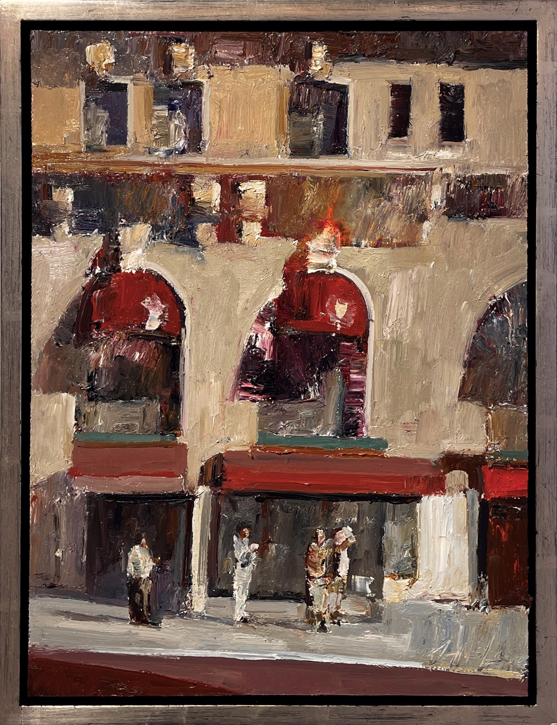 An expressive painting of a sunlit plaza with arched storefronts and figures gathered below.