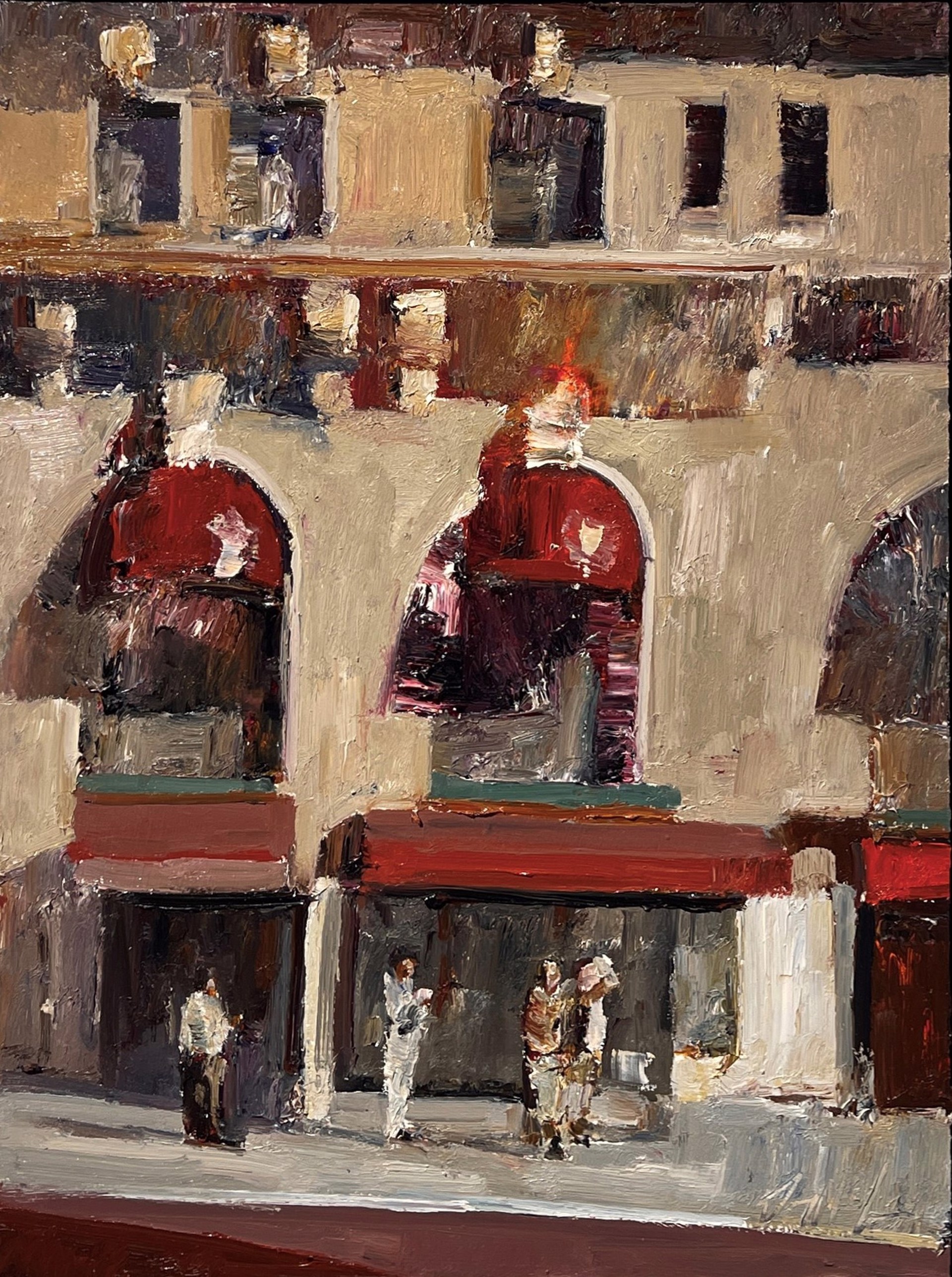 An expressive painting of a sunlit plaza with arched storefronts and figures gathered below.