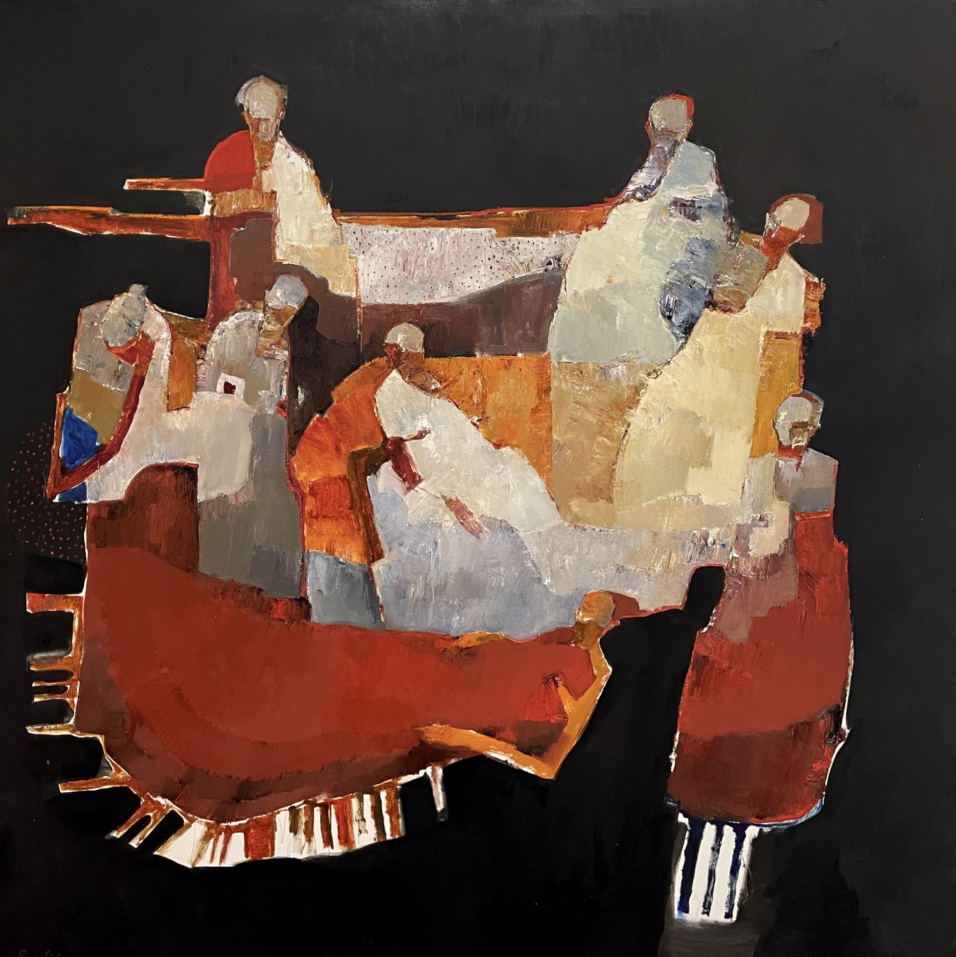 A painting of a group of people sitting on a couch.