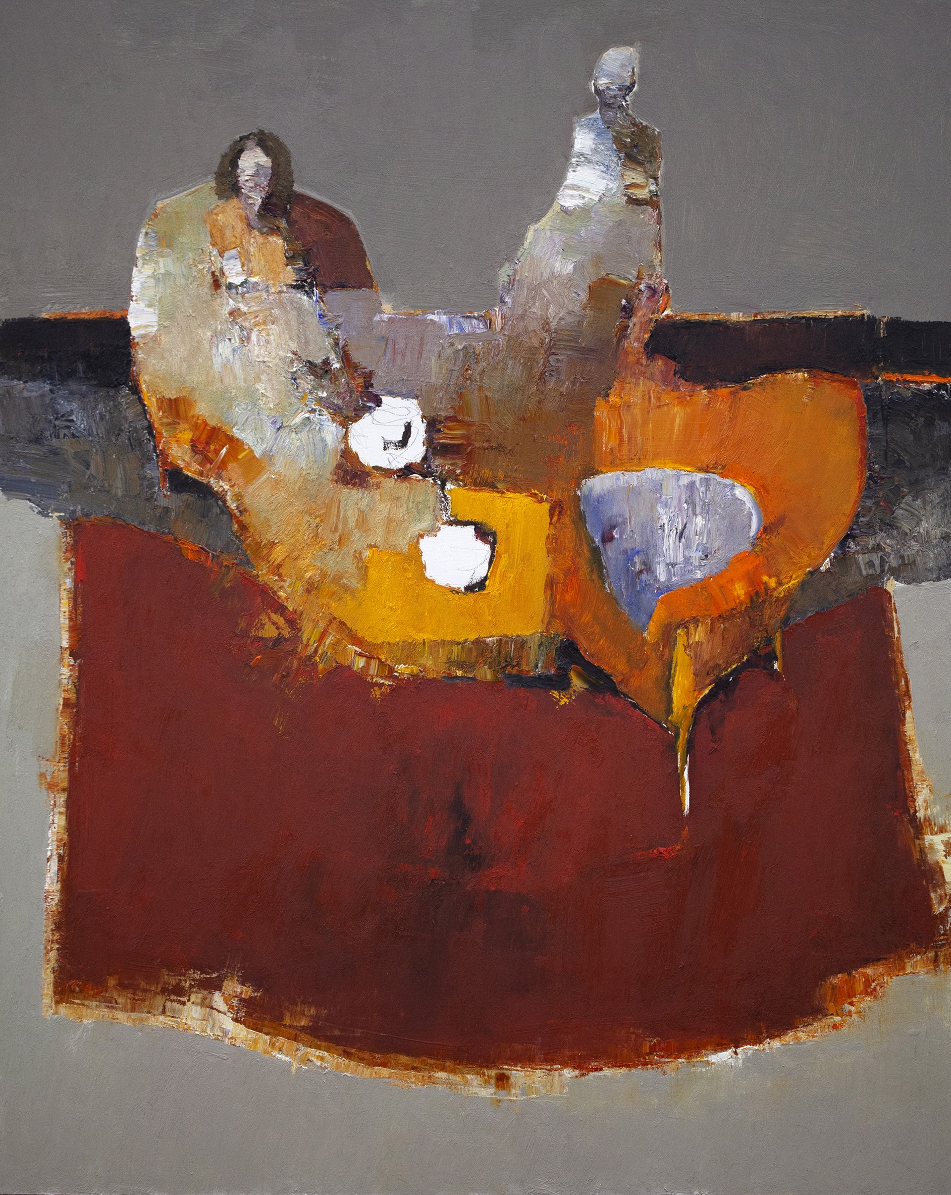 A painting of two people sitting at a table.