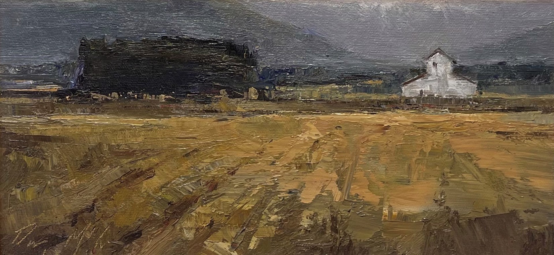 A painting of a field with a church in the distance.