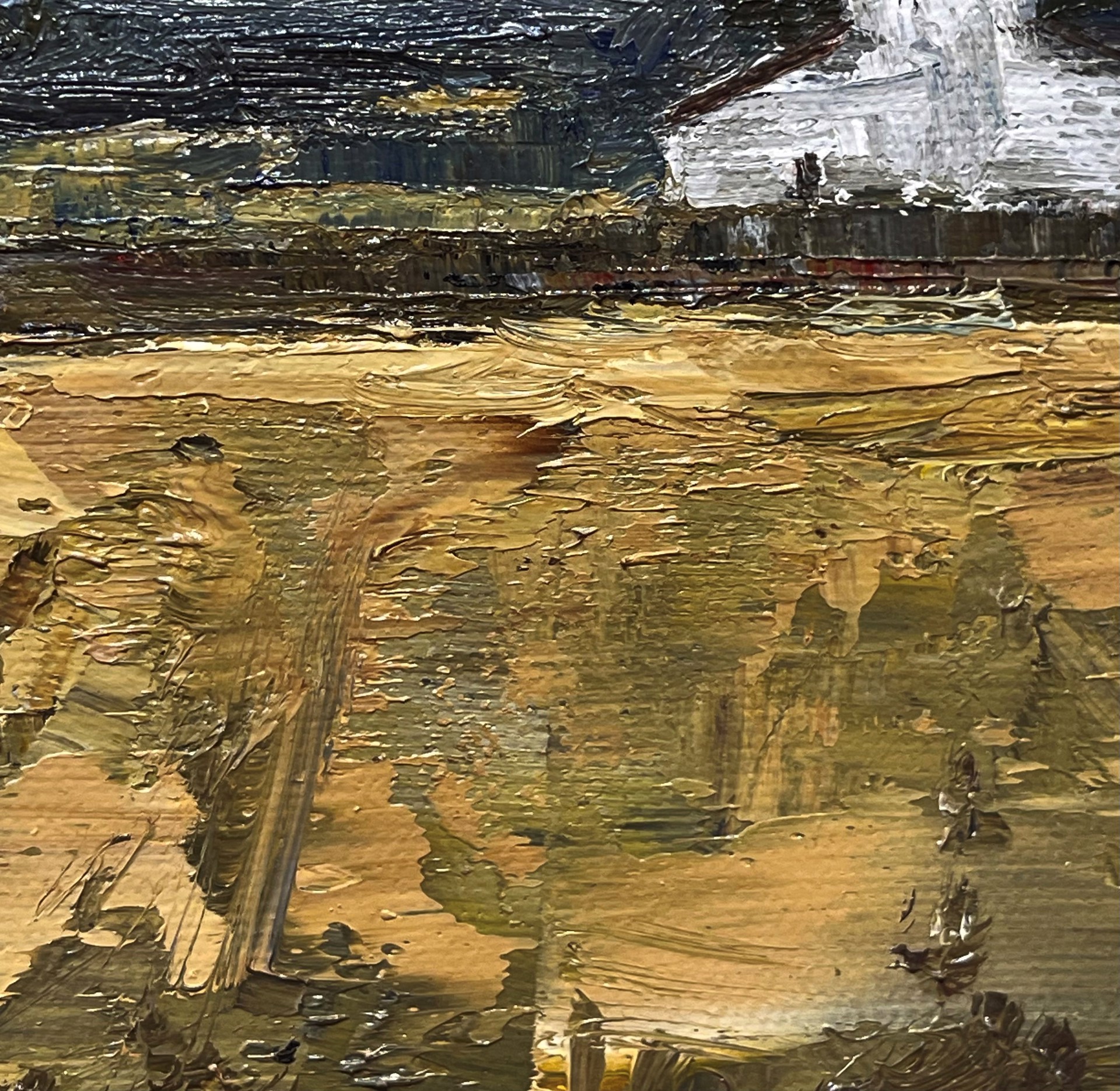 A painting of a field with a church in the distance.