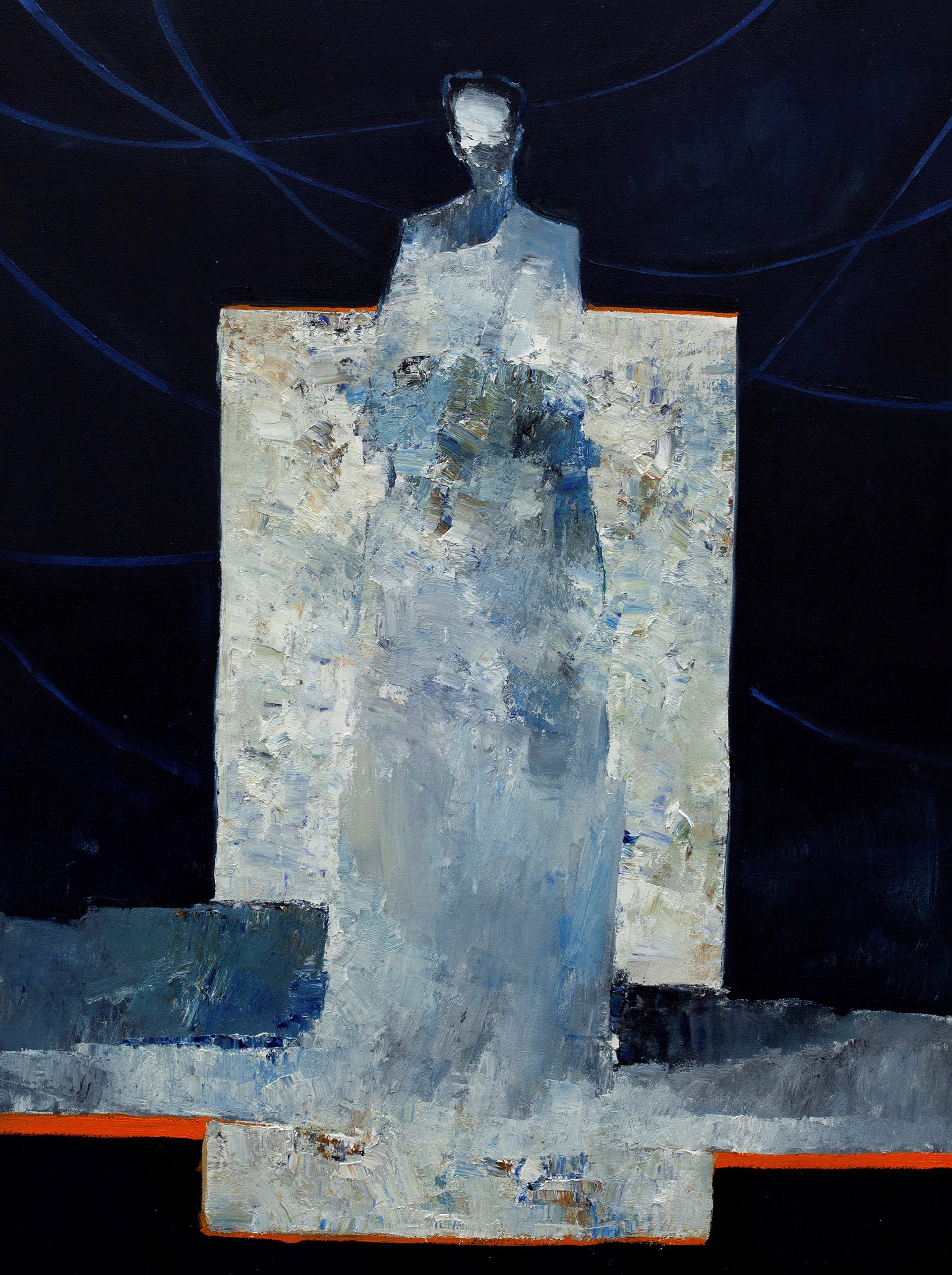 A painting of a woman standing in front of a black background.
