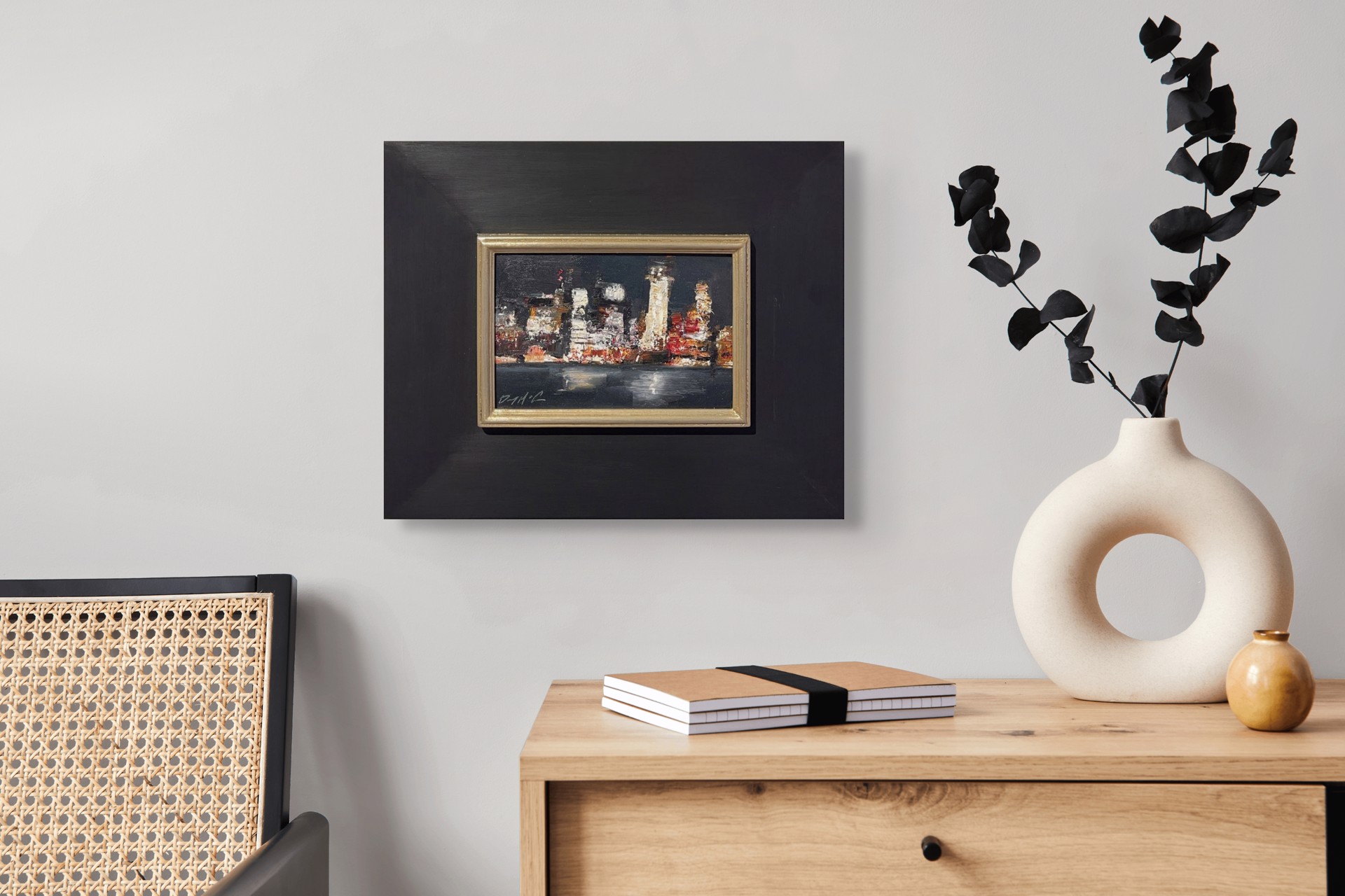 A nocturnal cityscape rendered in thick, expressive brushstrokes.