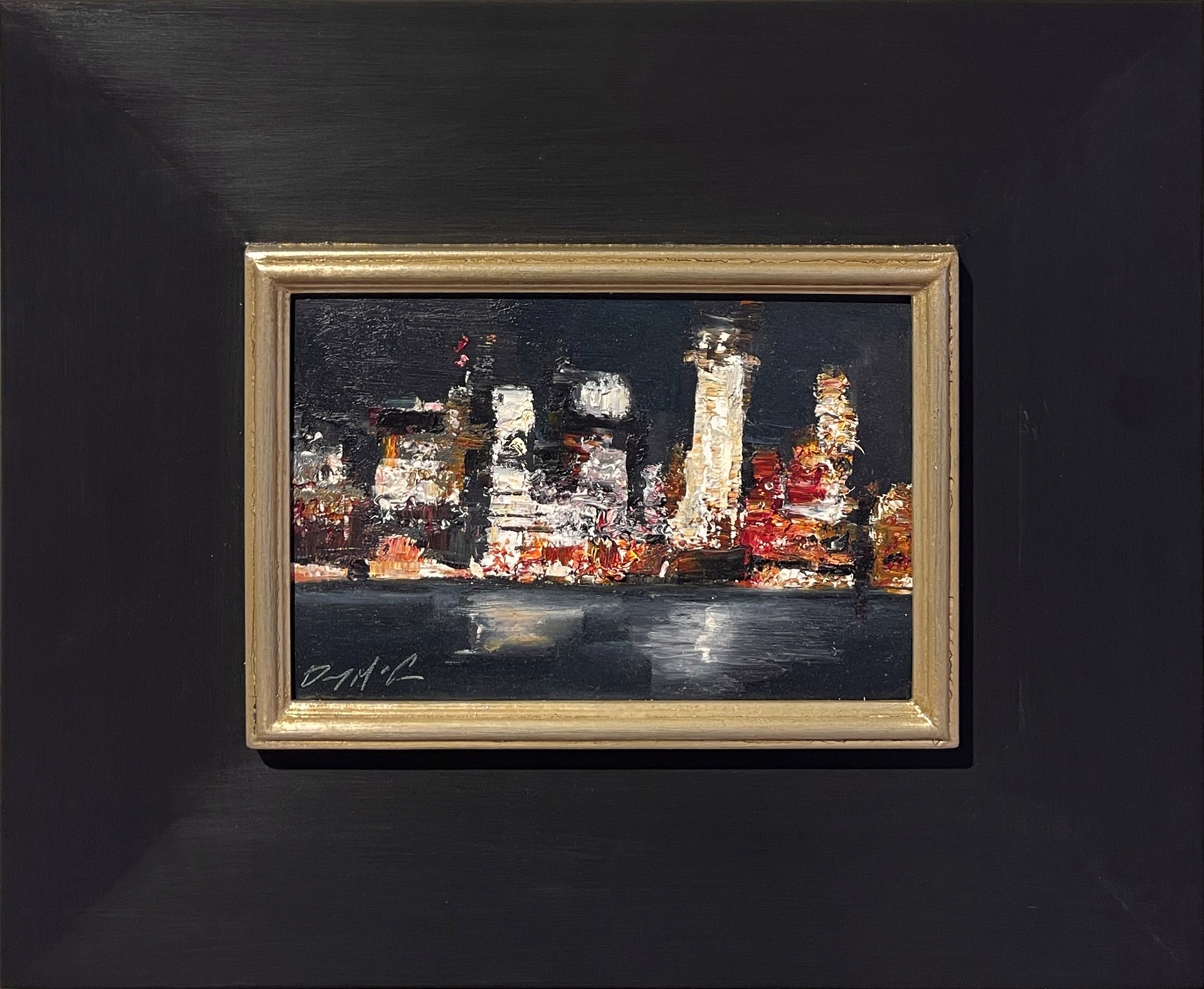 A nocturnal cityscape rendered in thick, expressive brushstrokes.