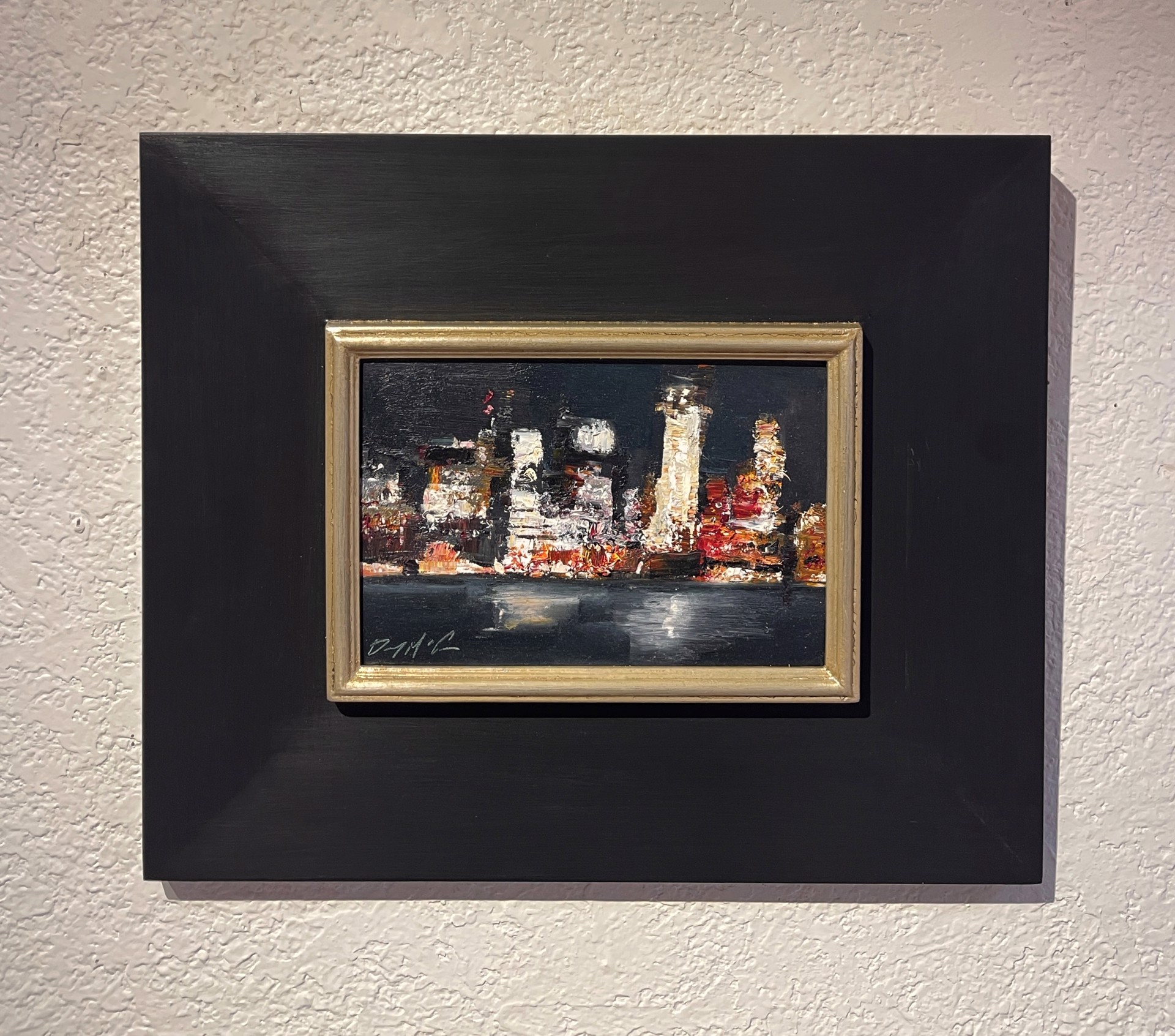 A nocturnal cityscape rendered in thick, expressive brushstrokes.