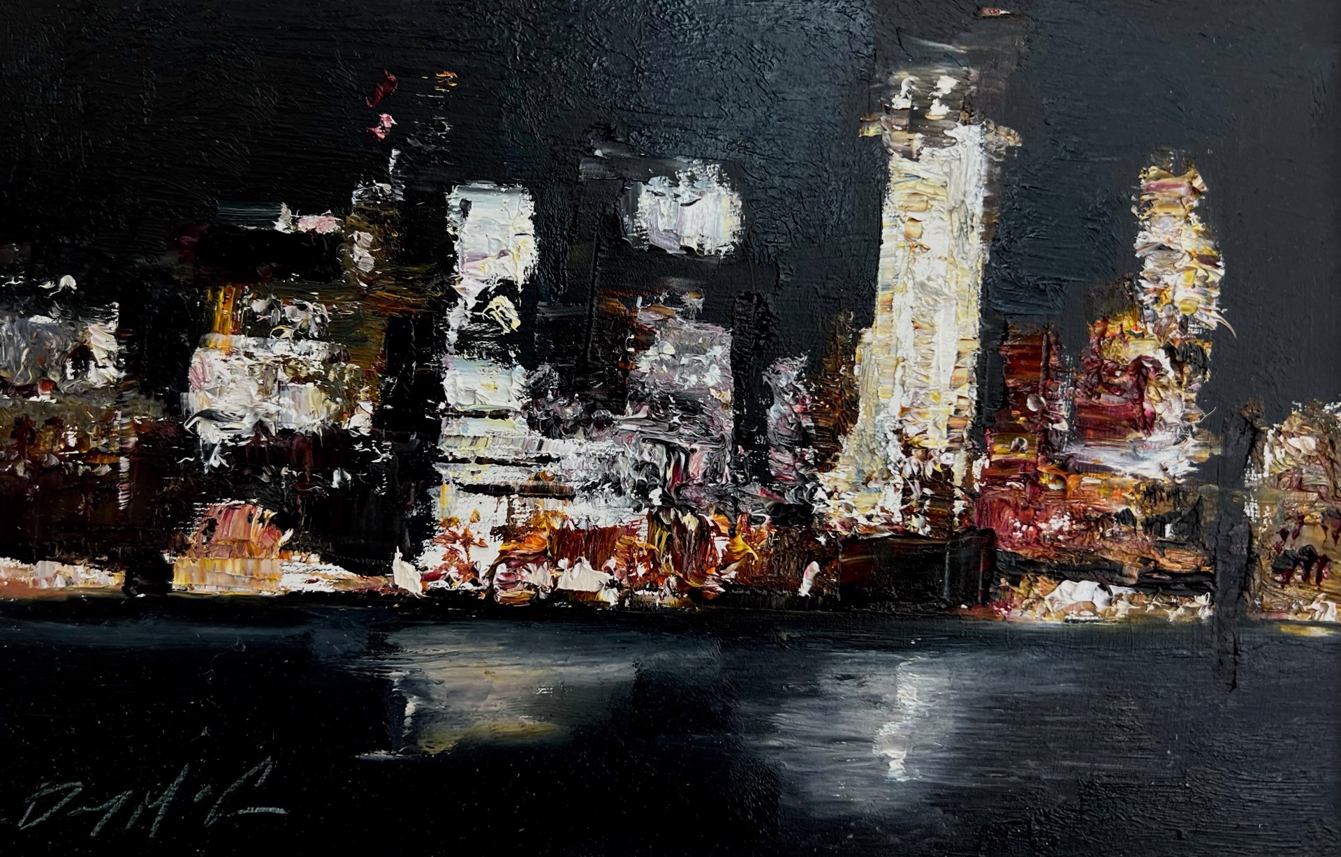 A nocturnal cityscape rendered in thick, expressive brushstrokes.