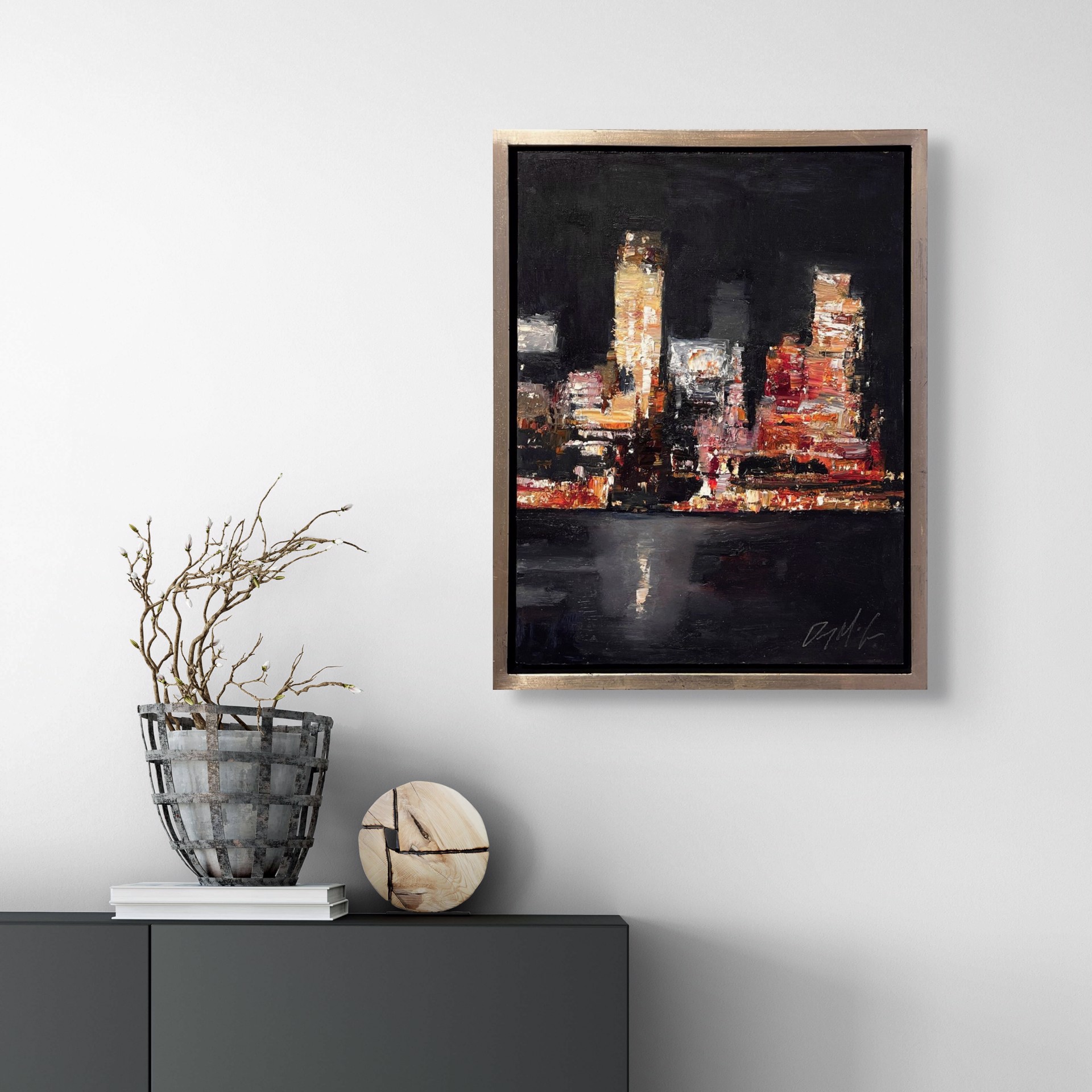 A nocturnal cityscape rendered in thick, expressive brushstrokes with a palette of warm oranges and deep blacks.