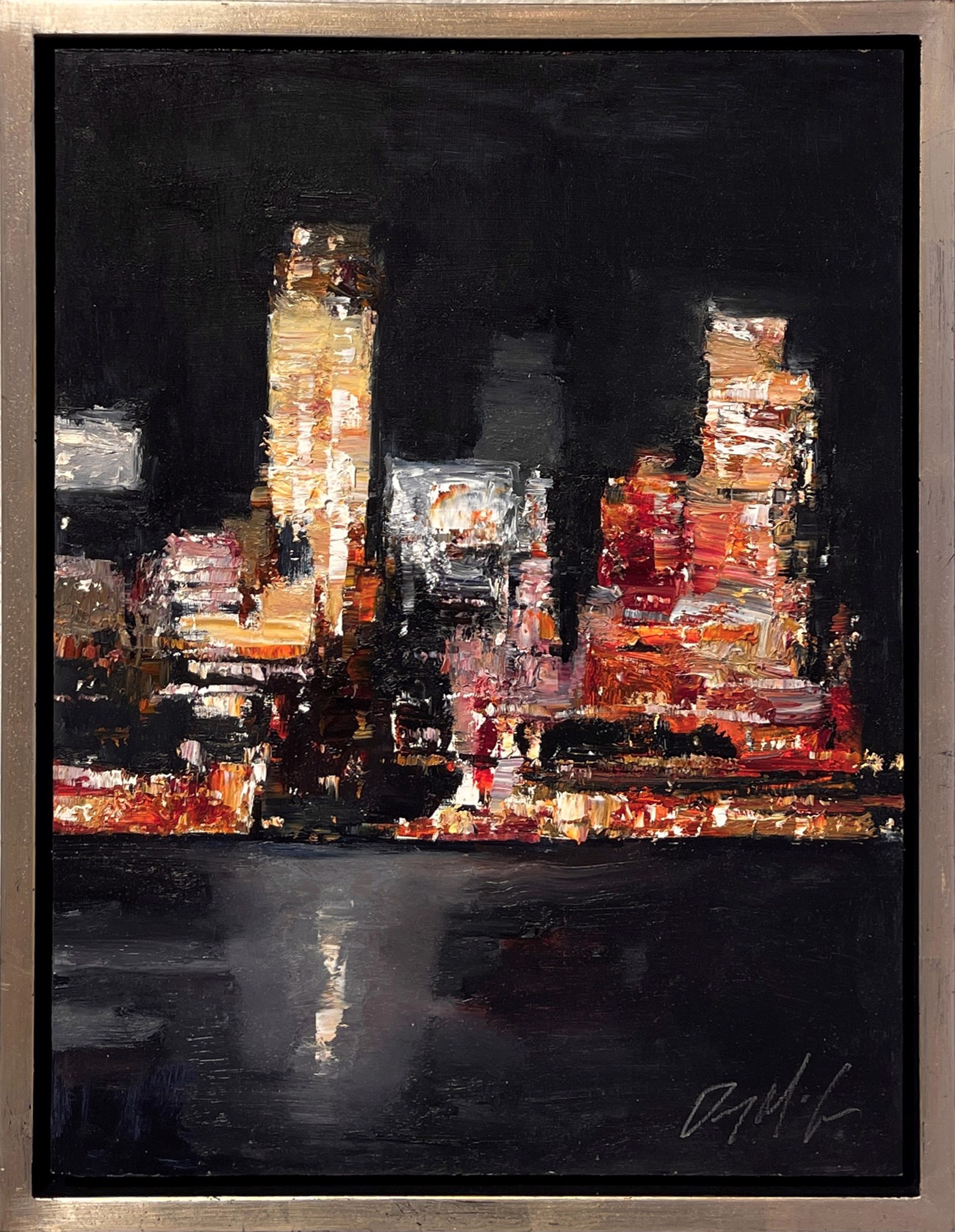 A nocturnal cityscape rendered in thick, expressive brushstrokes with a palette of warm oranges and deep blacks.