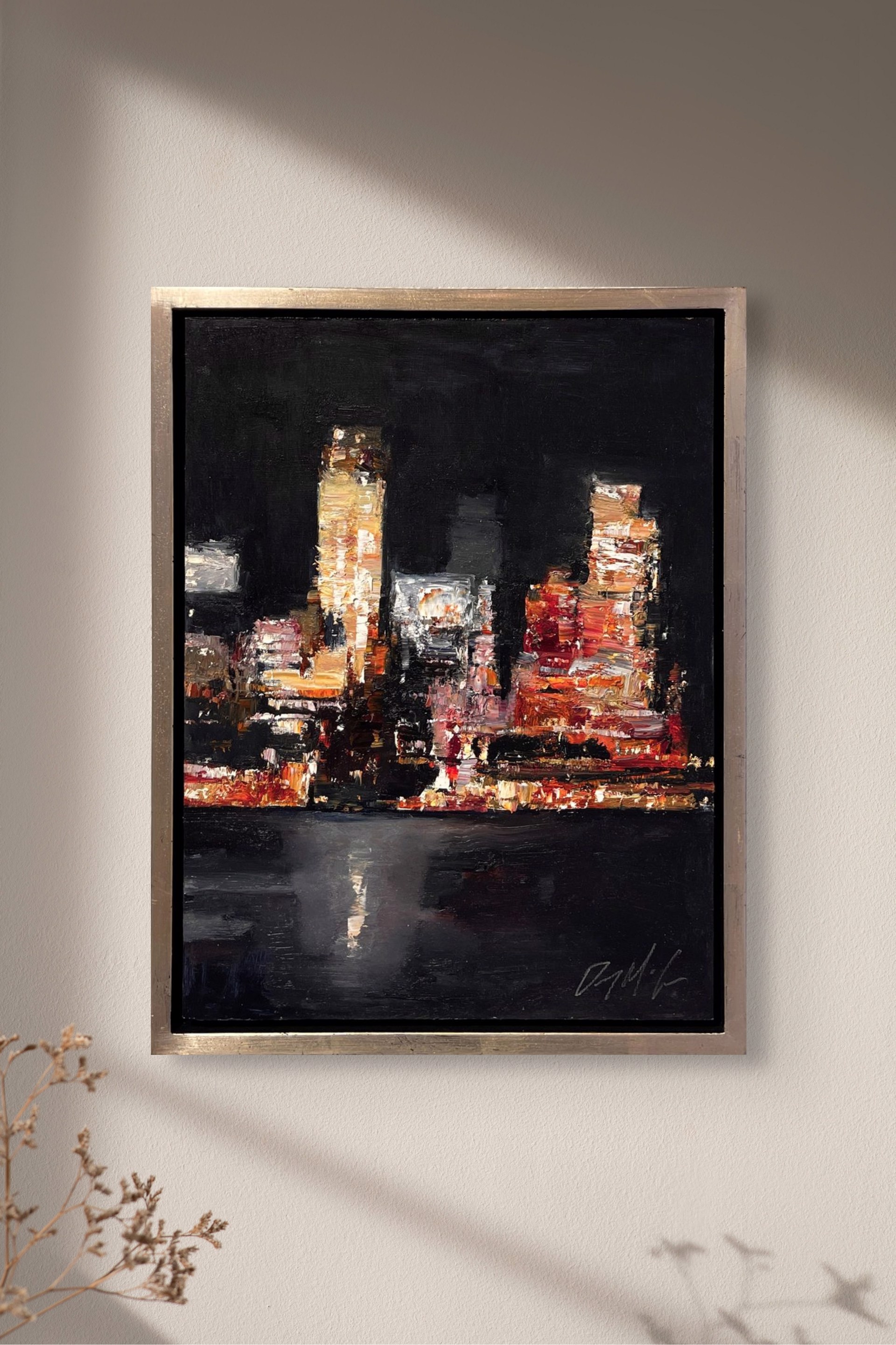 A nocturnal cityscape rendered in thick, expressive brushstrokes with a palette of warm oranges and deep blacks.