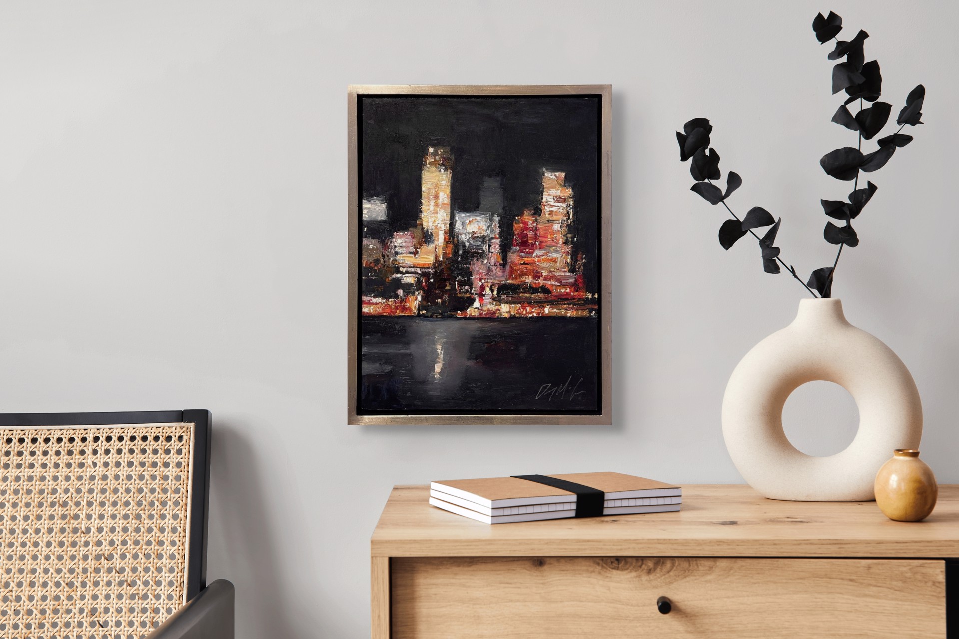 A nocturnal cityscape rendered in thick, expressive brushstrokes with a palette of warm oranges and deep blacks.