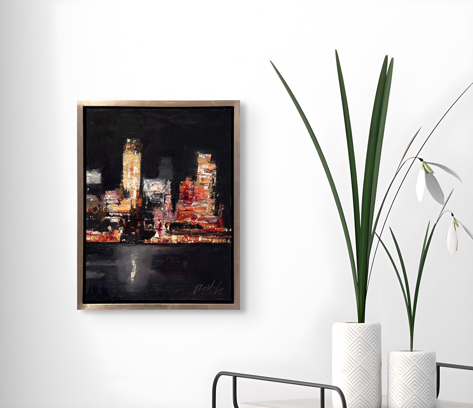 A nocturnal cityscape rendered in thick, expressive brushstrokes with a palette of warm oranges and deep blacks.