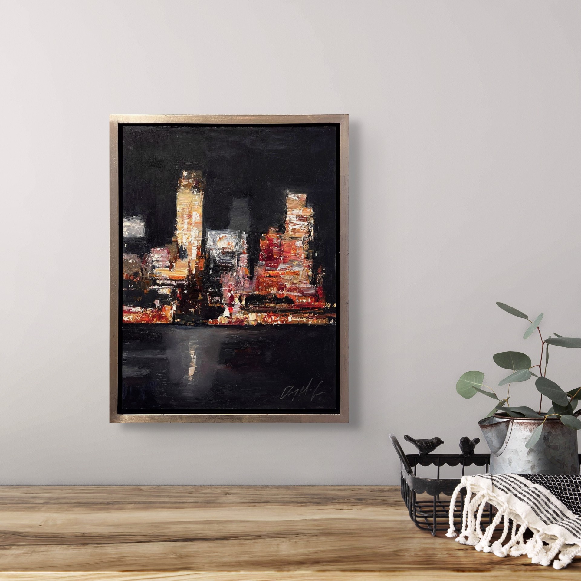 A nocturnal cityscape rendered in thick, expressive brushstrokes with a palette of warm oranges and deep blacks.