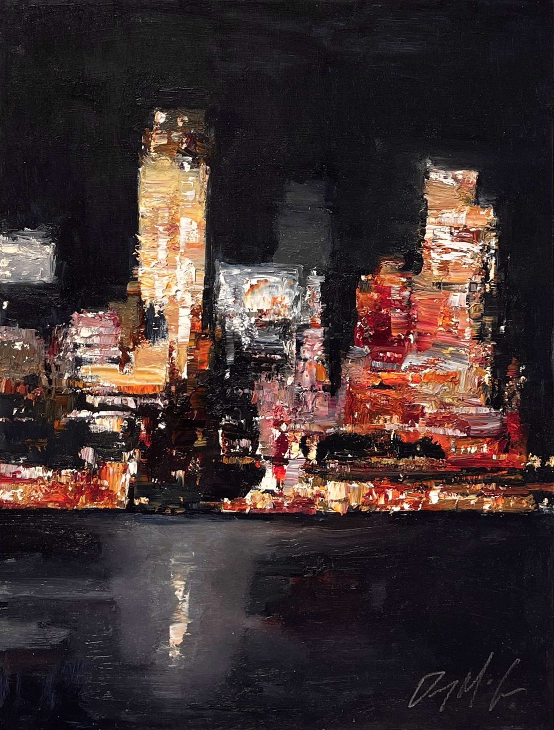A nocturnal cityscape rendered in thick, expressive brushstrokes with a palette of warm oranges and deep blacks.
