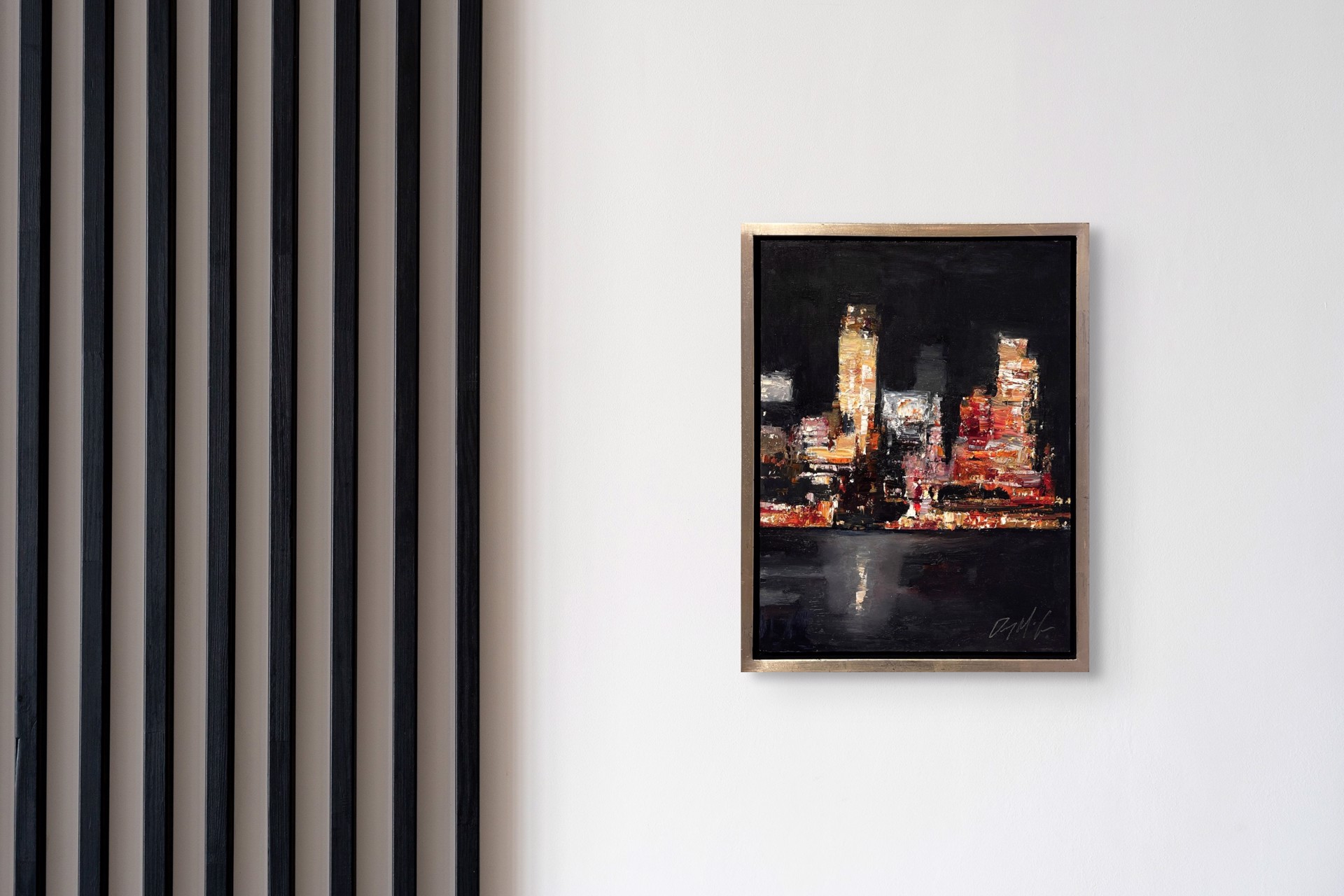 A nocturnal cityscape rendered in thick, expressive brushstrokes with a palette of warm oranges and deep blacks.