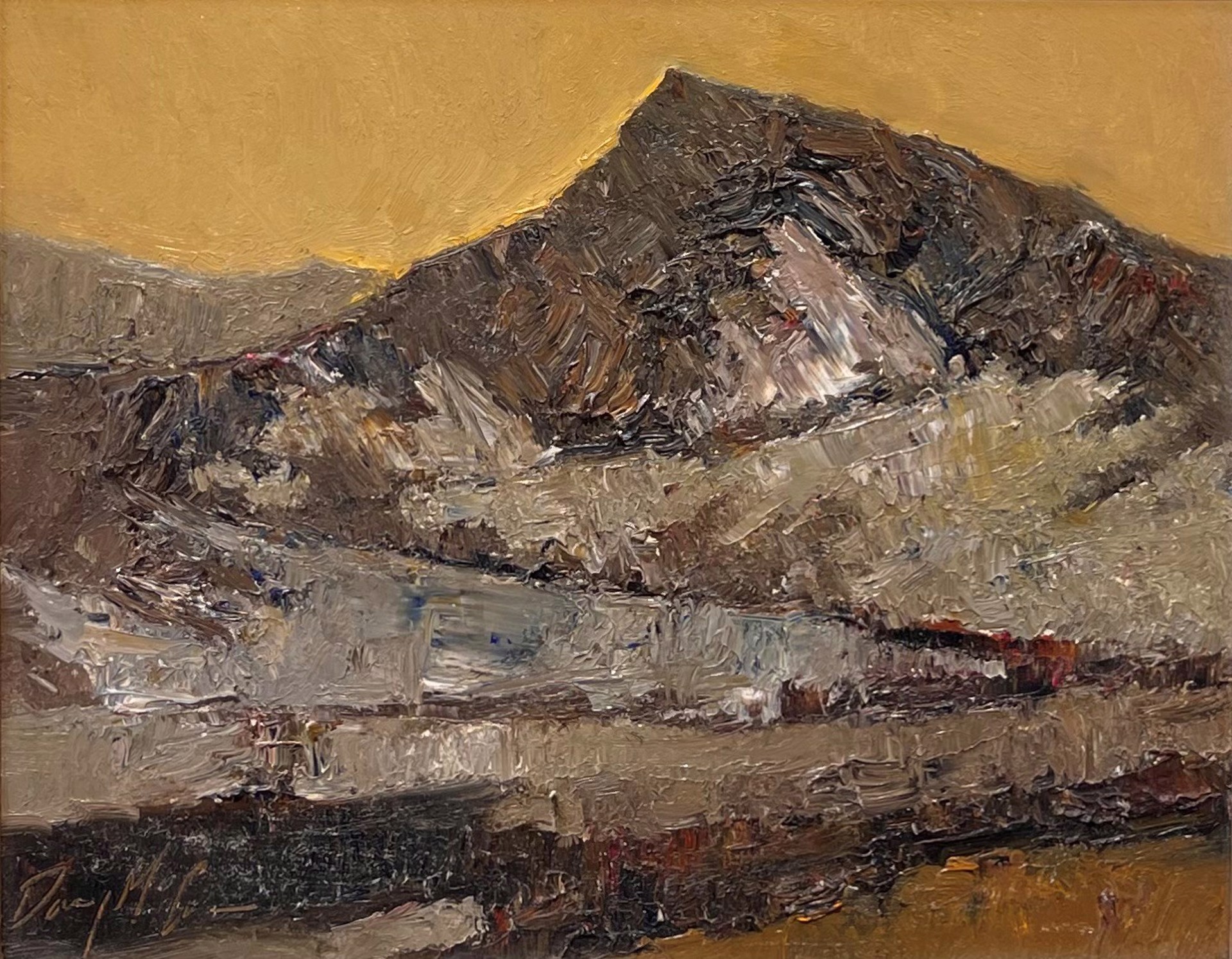 A painting of a mountain with a yellow sky in the background.