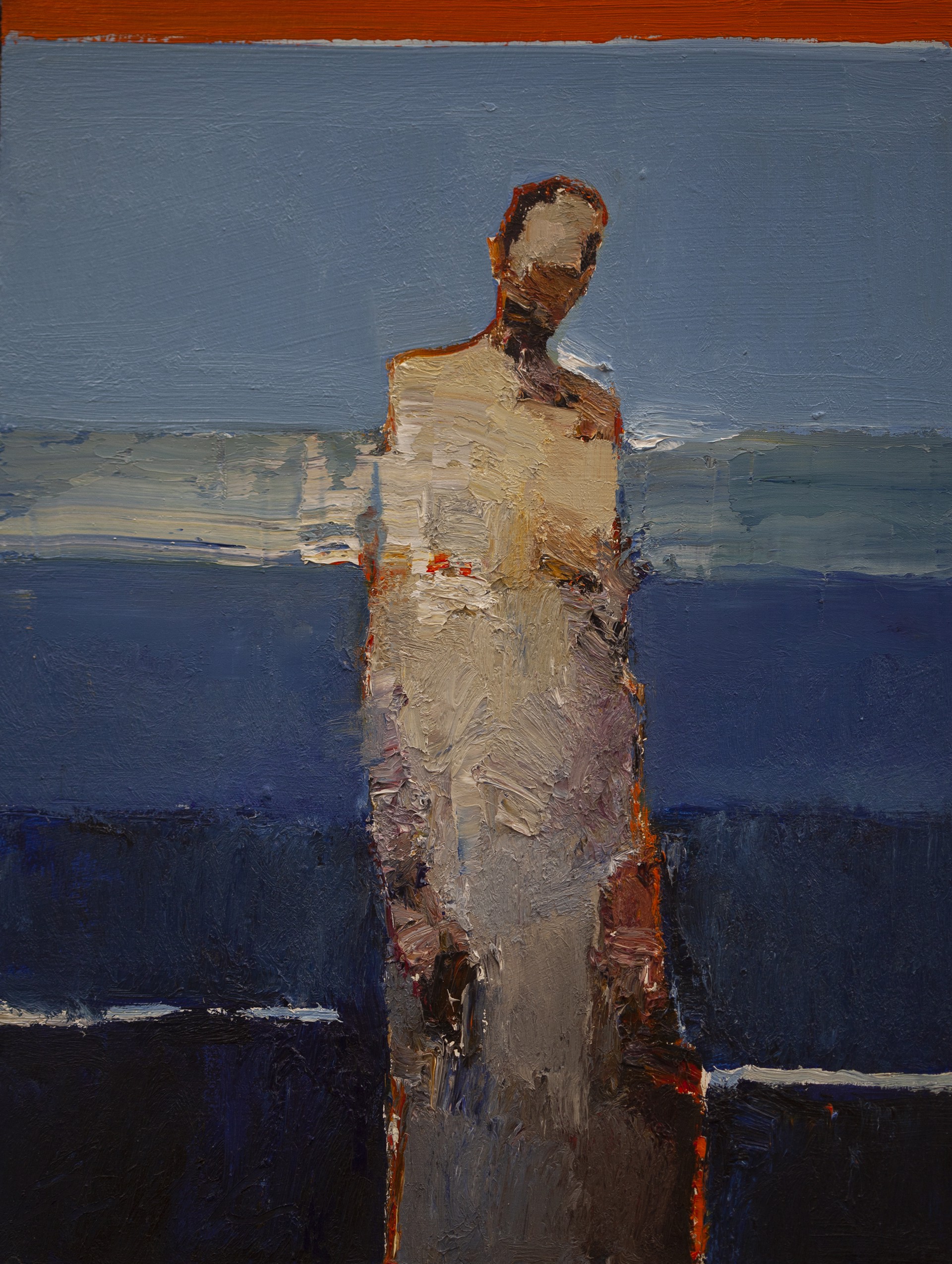 A painting of a man standing in front of the ocean.