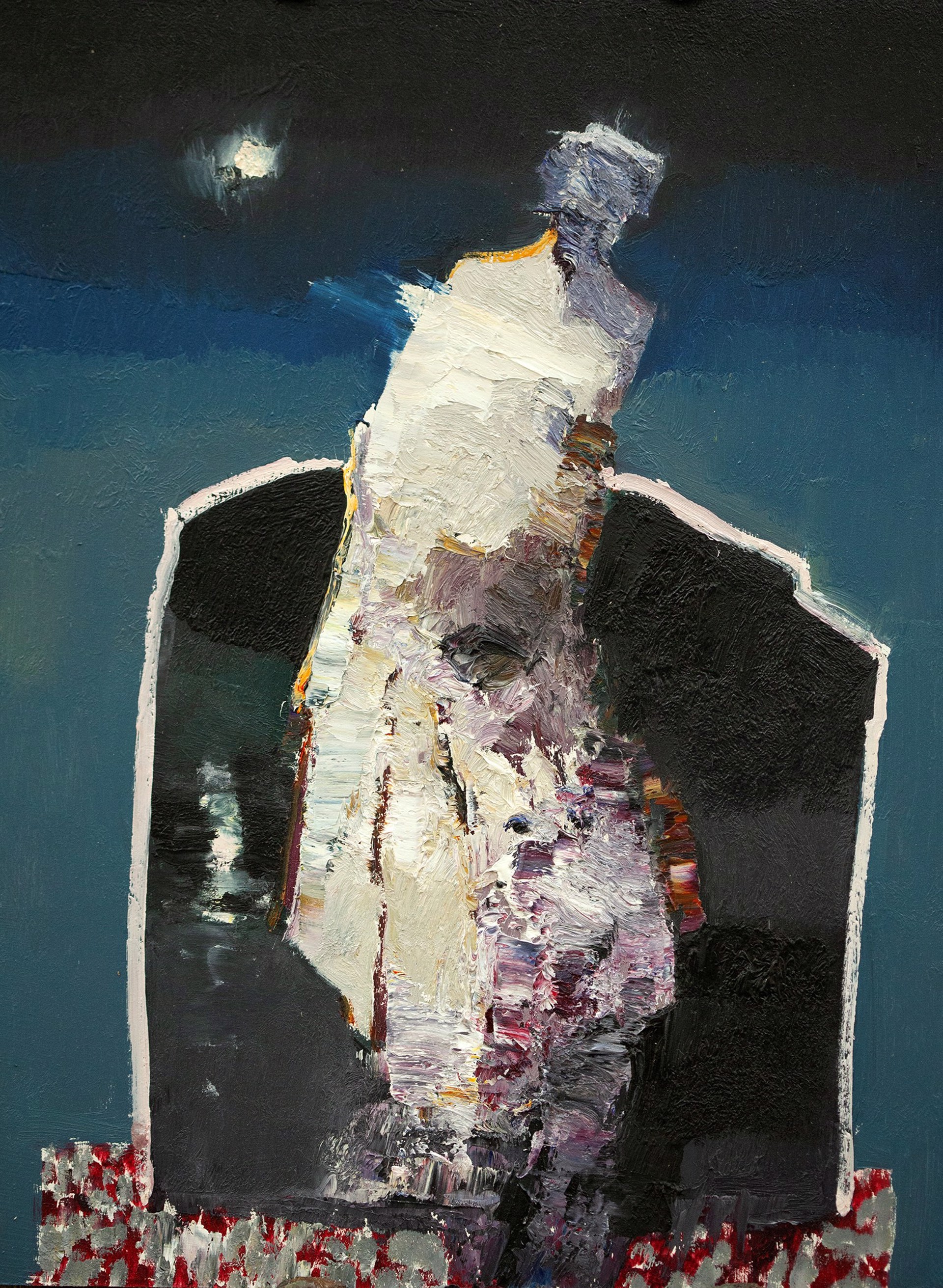 An abstract figure stands within a dark frame against a moody blue background.