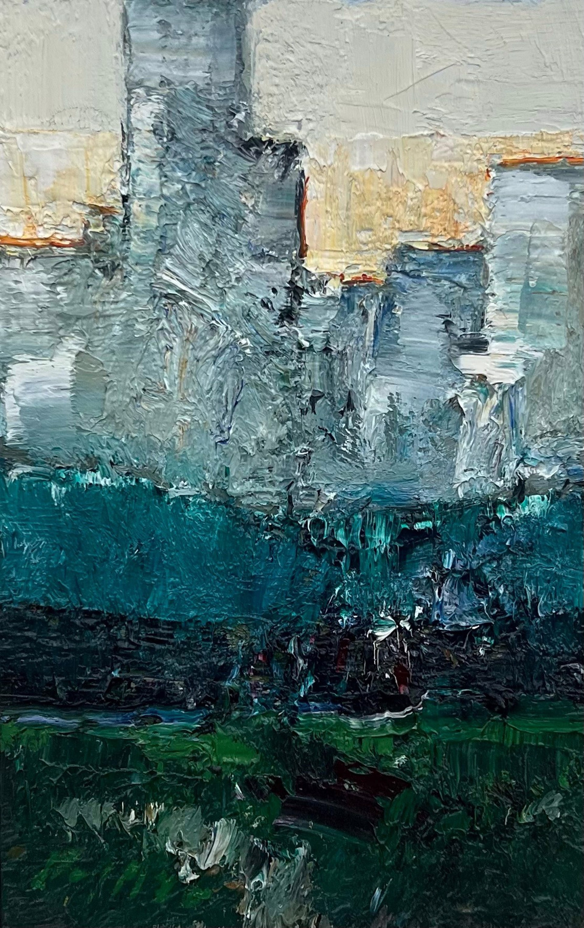 A painting of a cityscape with a cloudy sky.