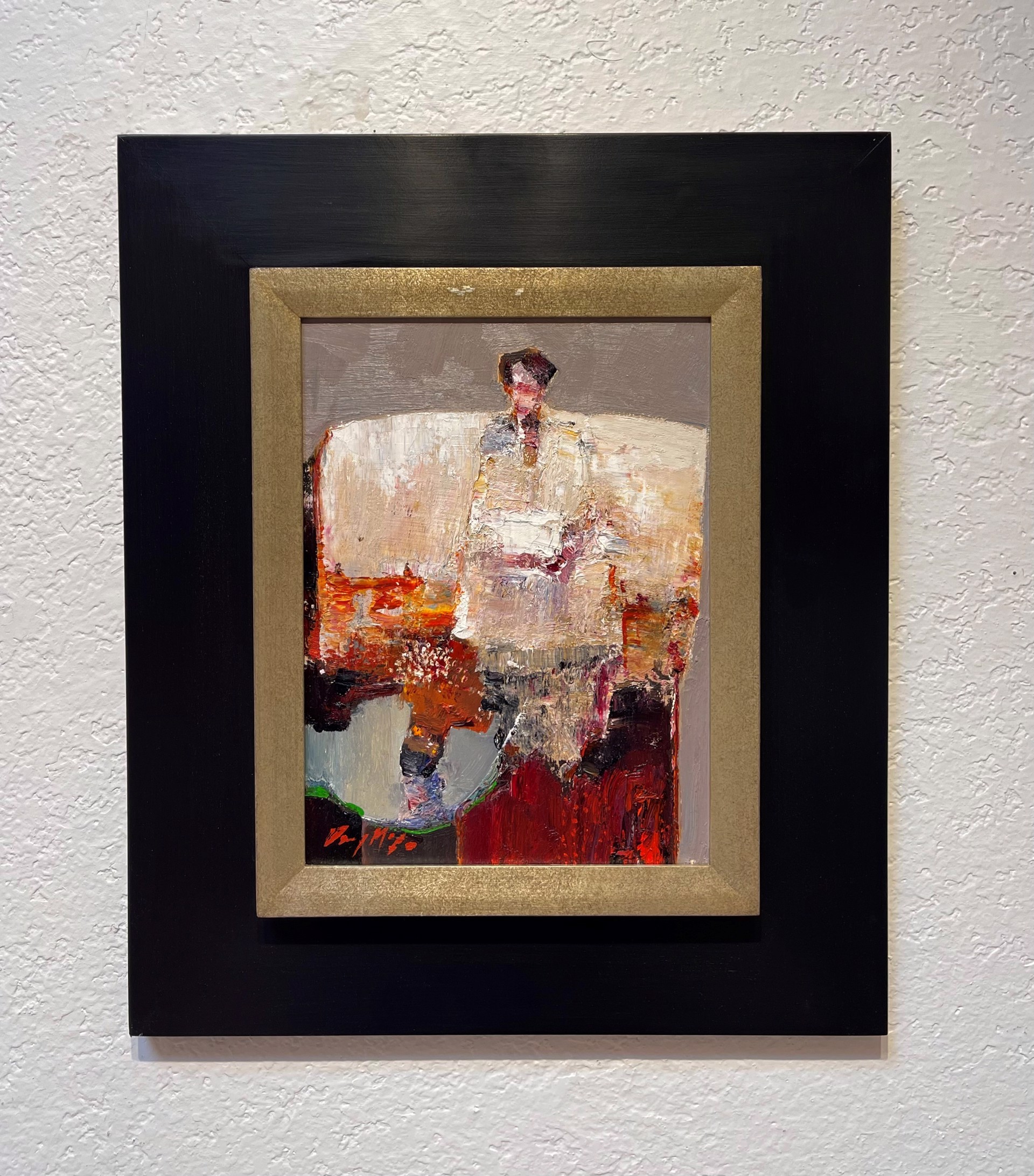 A painting of a man sitting on a chair.