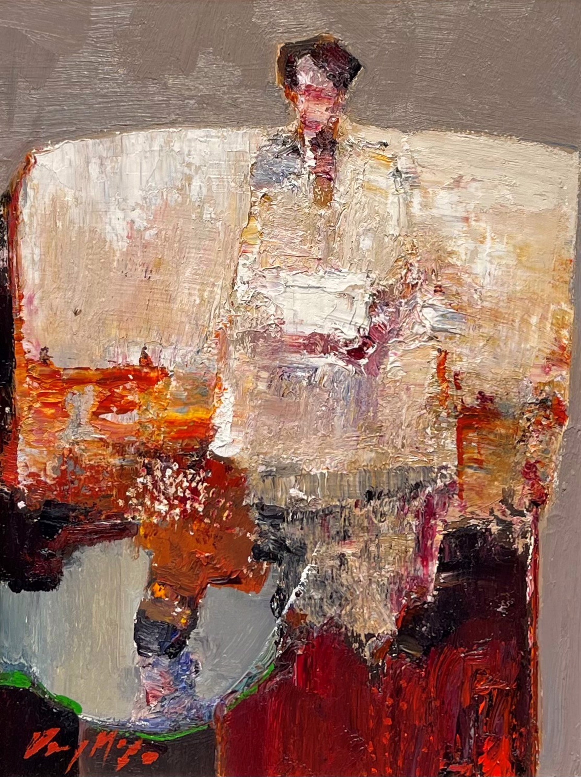 A painting of a man sitting on a chair.
