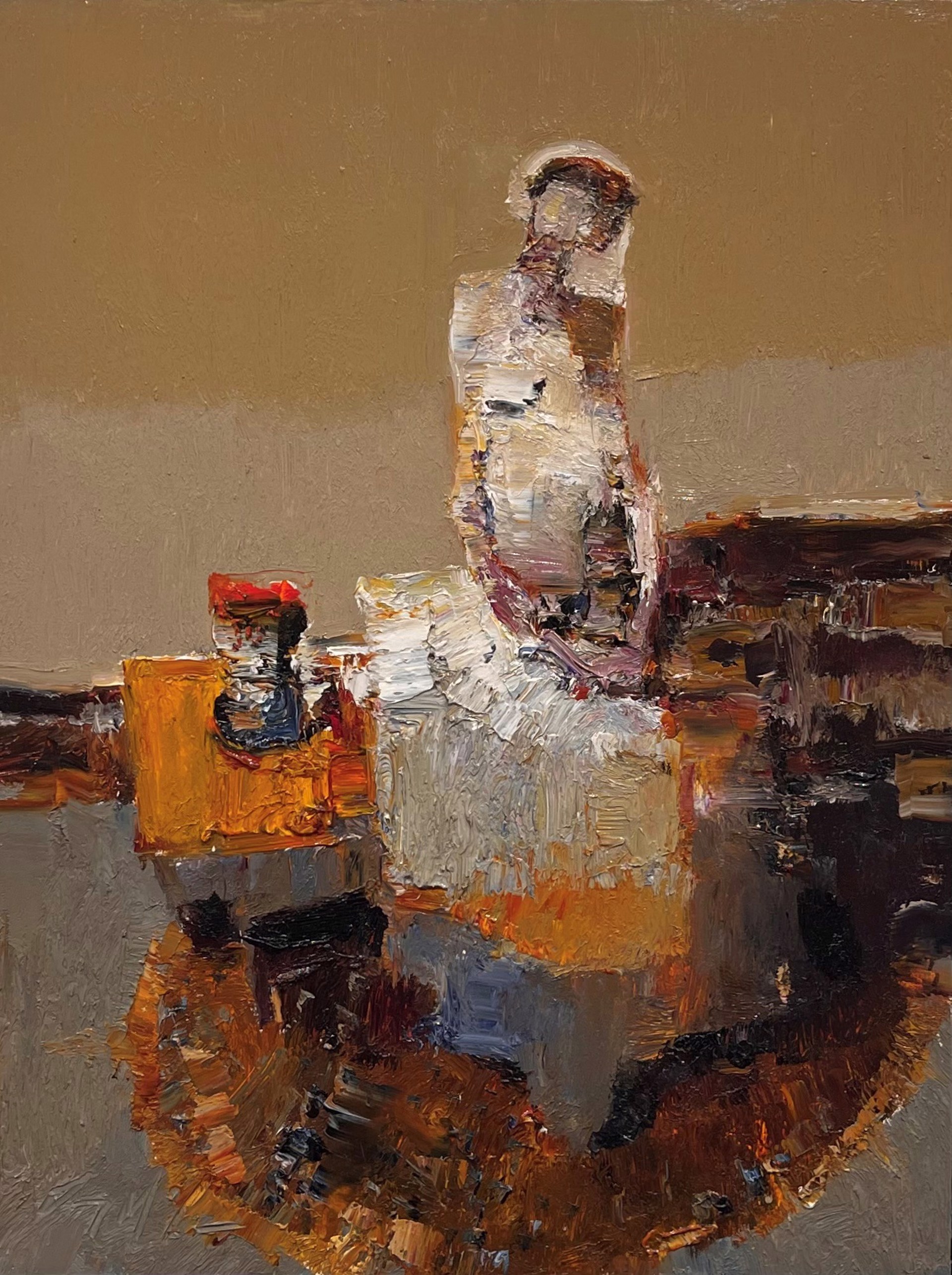 A figure sits in a contemplative pose, rendered with thick impasto brushwork against a muted brown background.