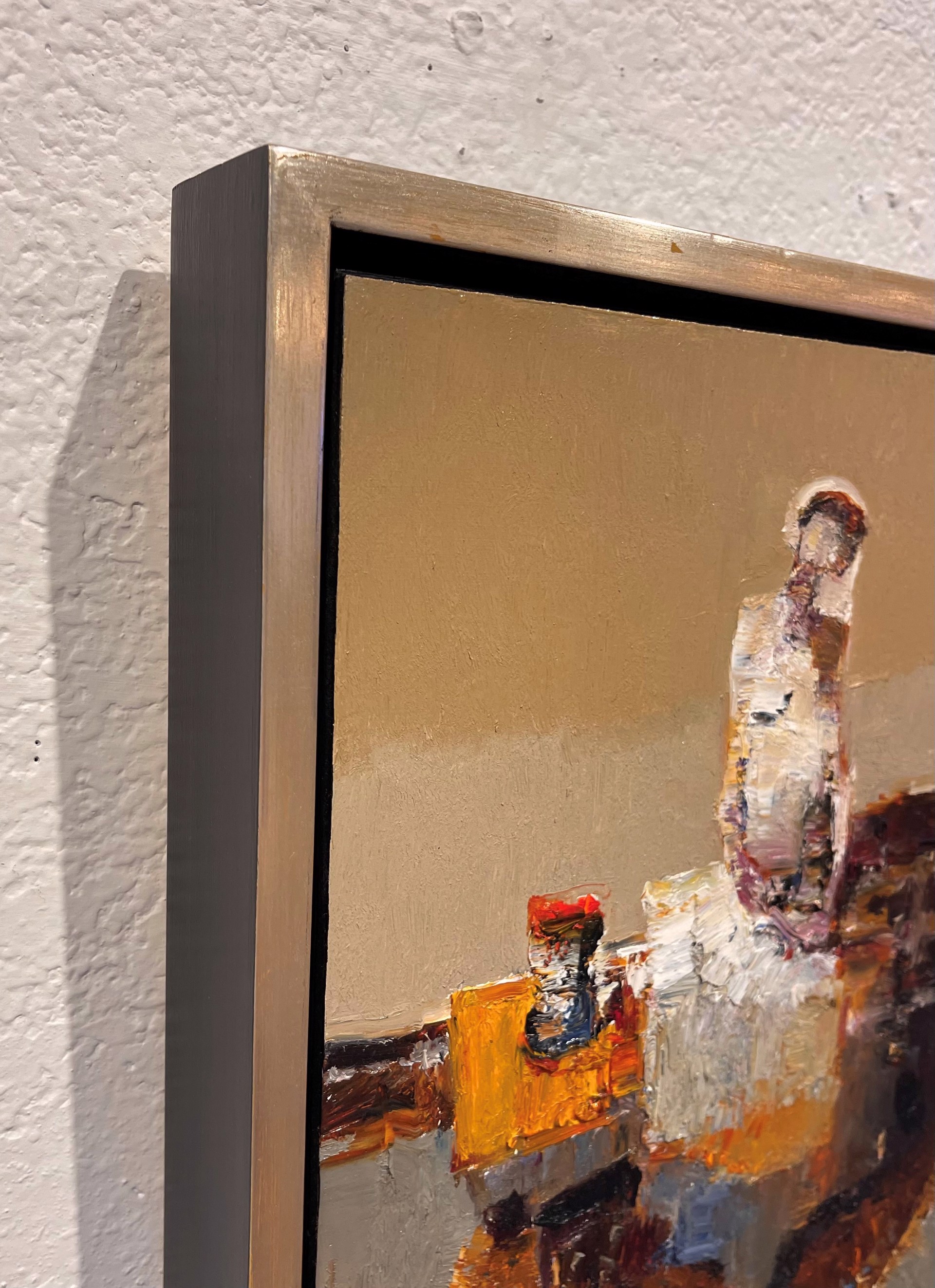 A figure sits in a contemplative pose, rendered with thick impasto brushwork against a muted brown background.
