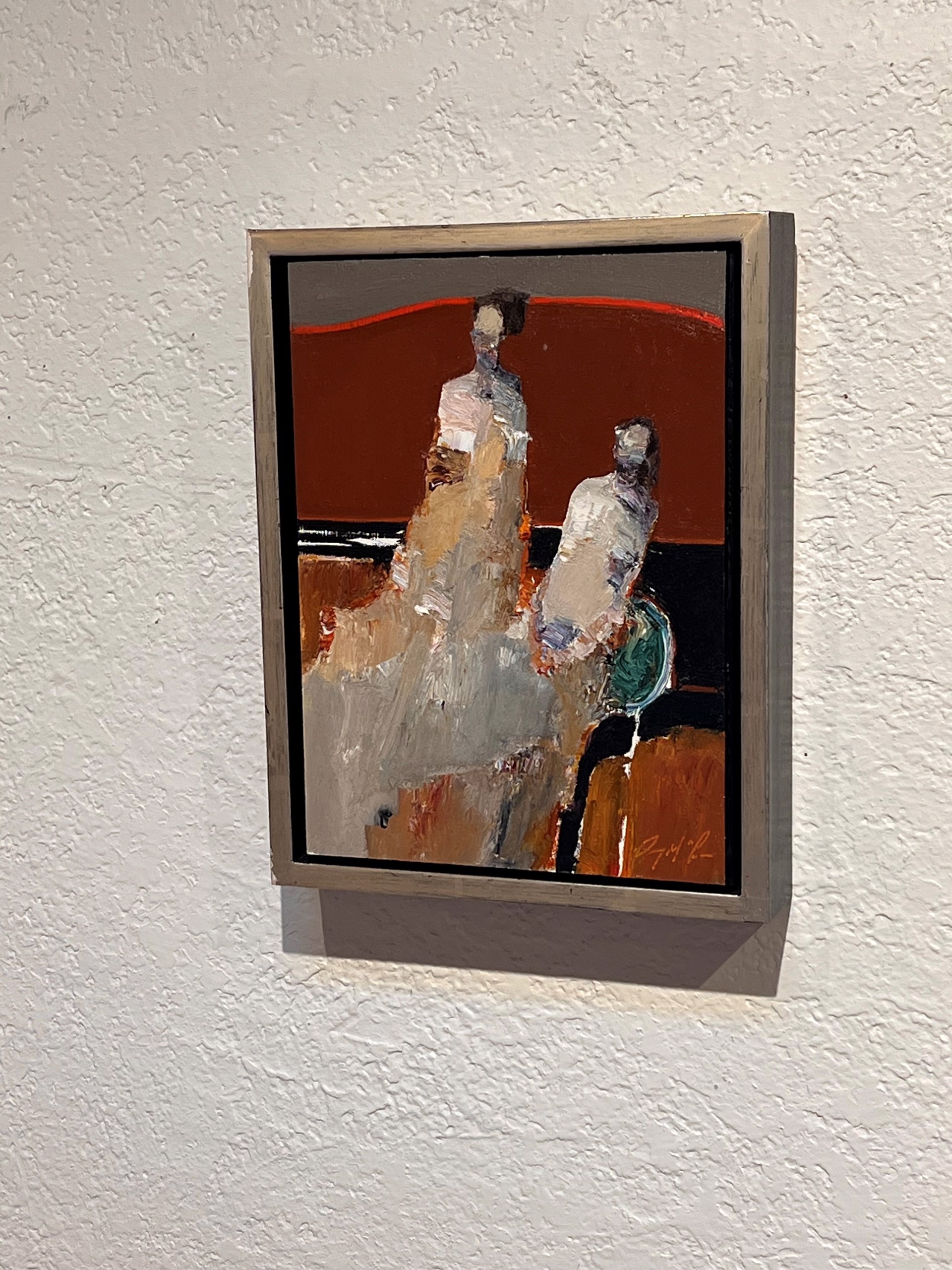A painting of two people sitting on a couch.