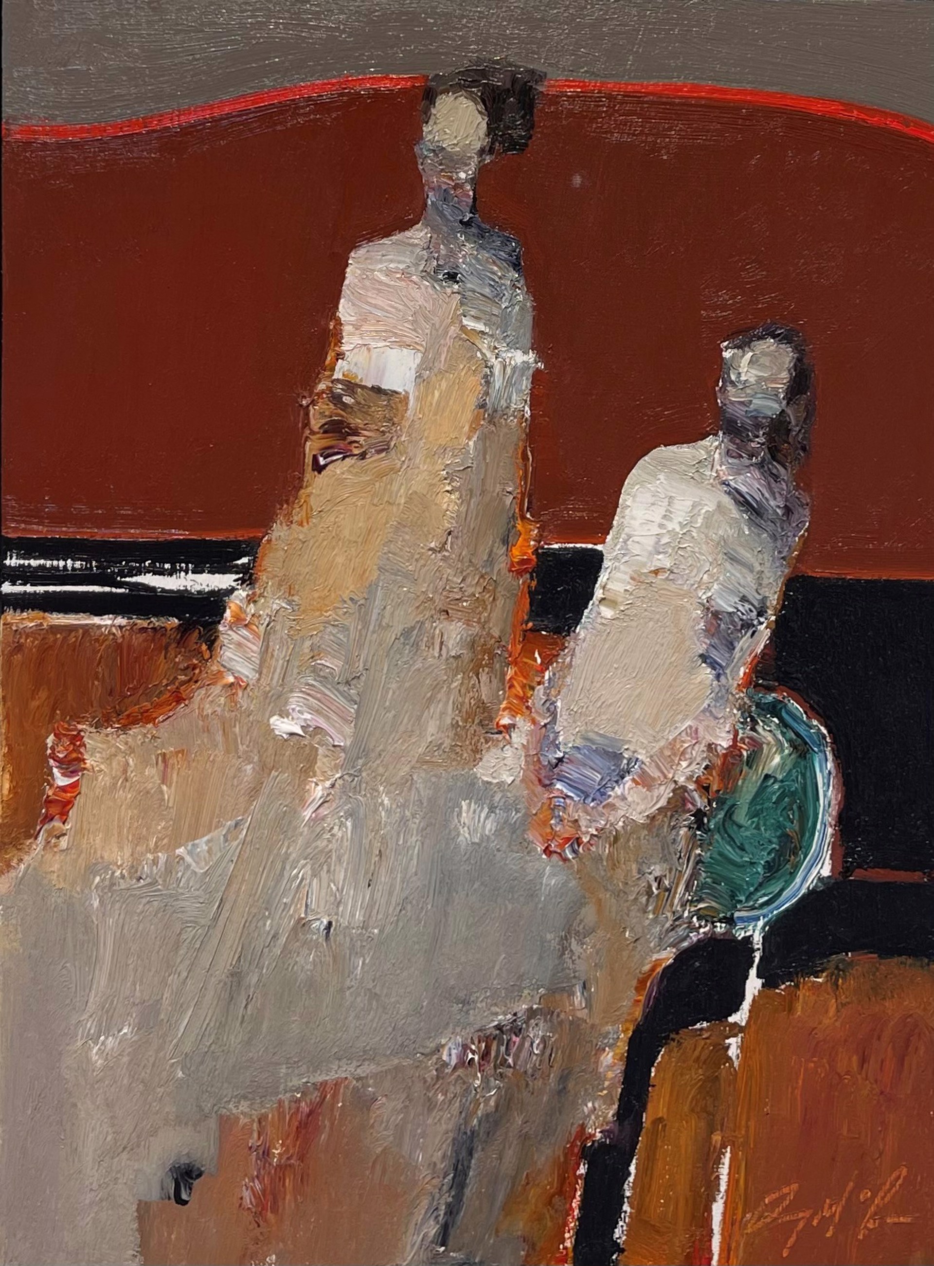 A painting of two people sitting on a couch.