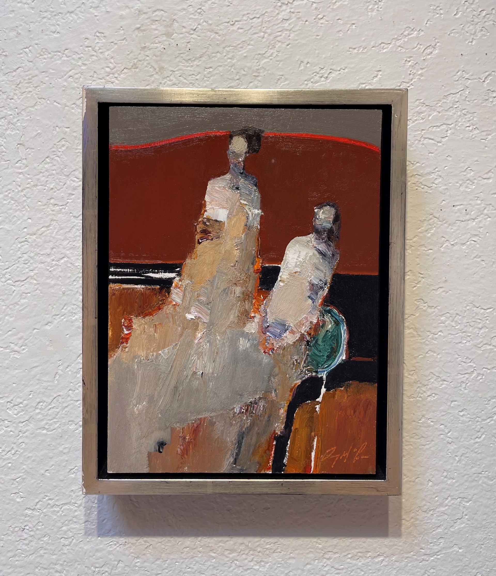 A painting of two people sitting on a couch.