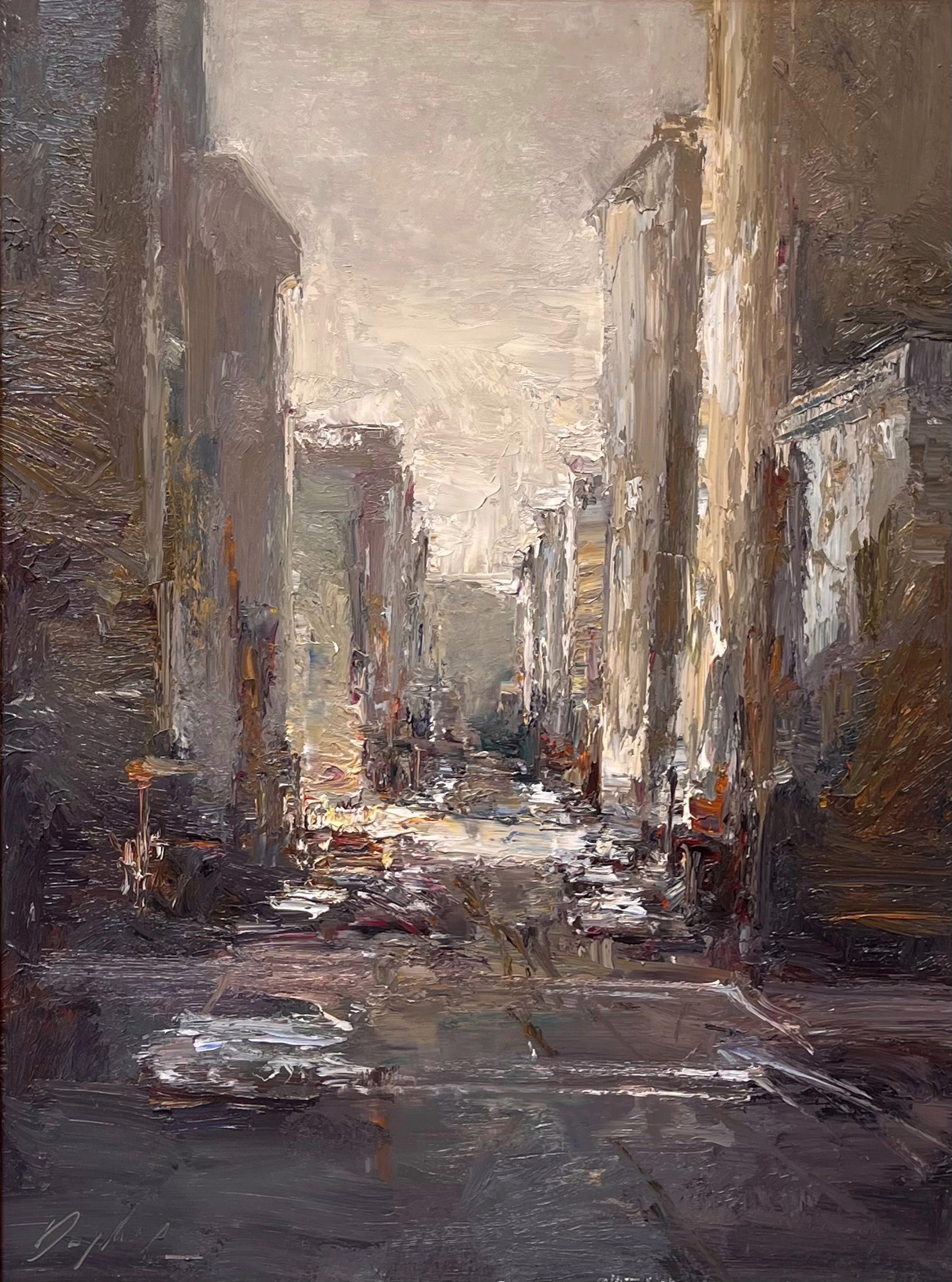 A painting of a city street in the rain.