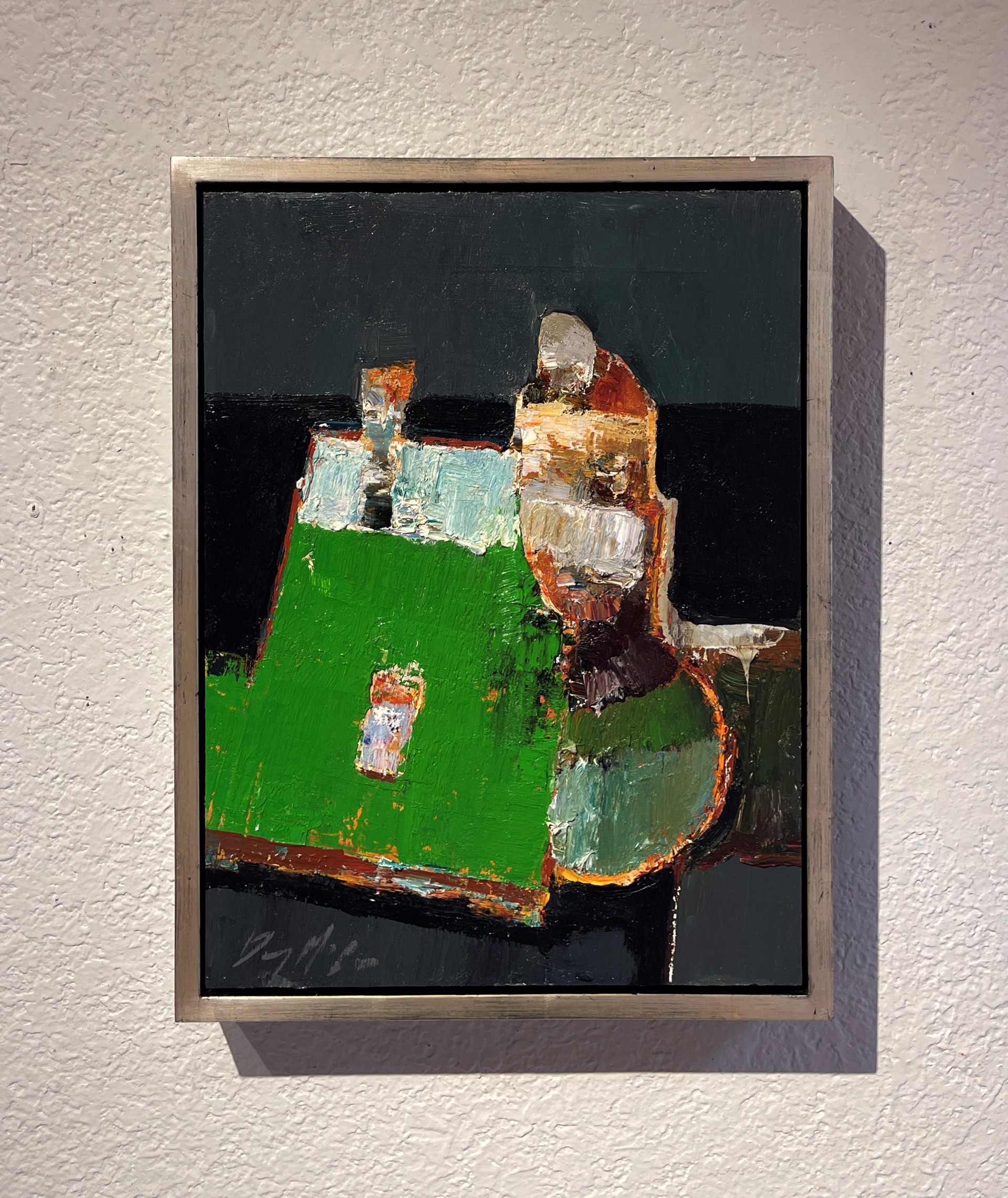 A painting of a green vase sitting on top of a table.