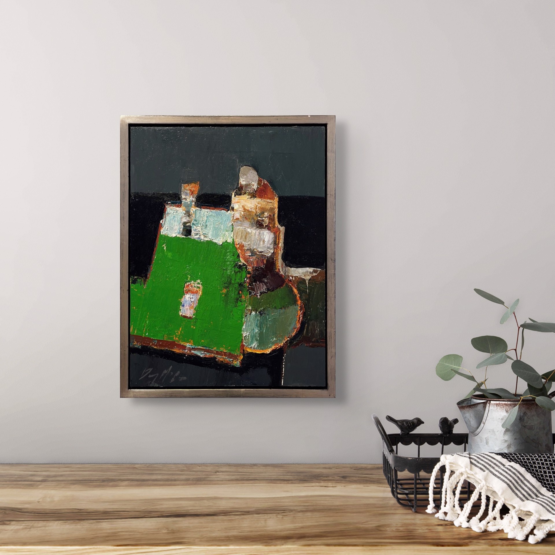 A painting of a green vase sitting on top of a table.