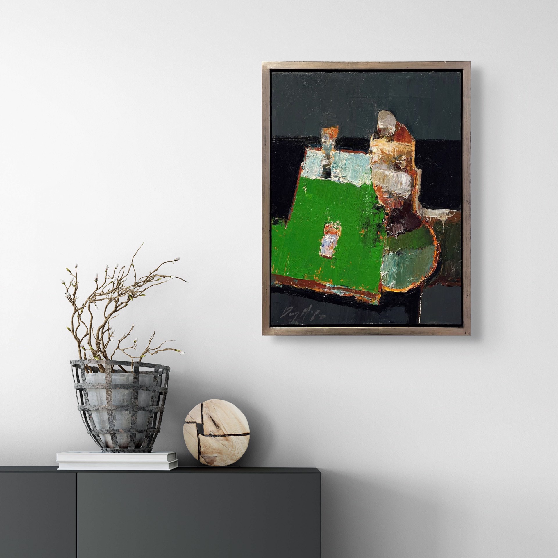 A painting of a green vase sitting on top of a table.