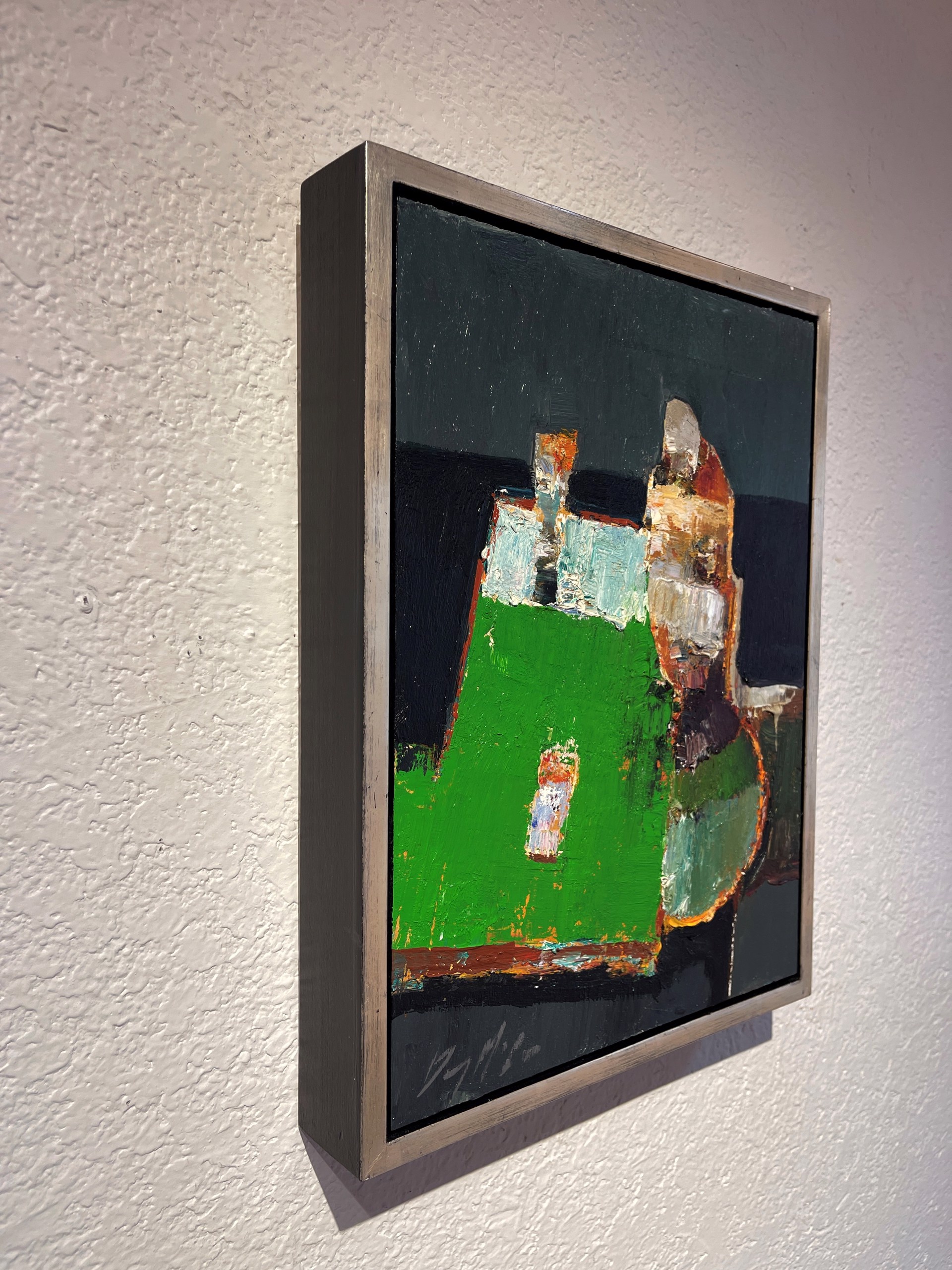 A painting of a green vase sitting on top of a table.