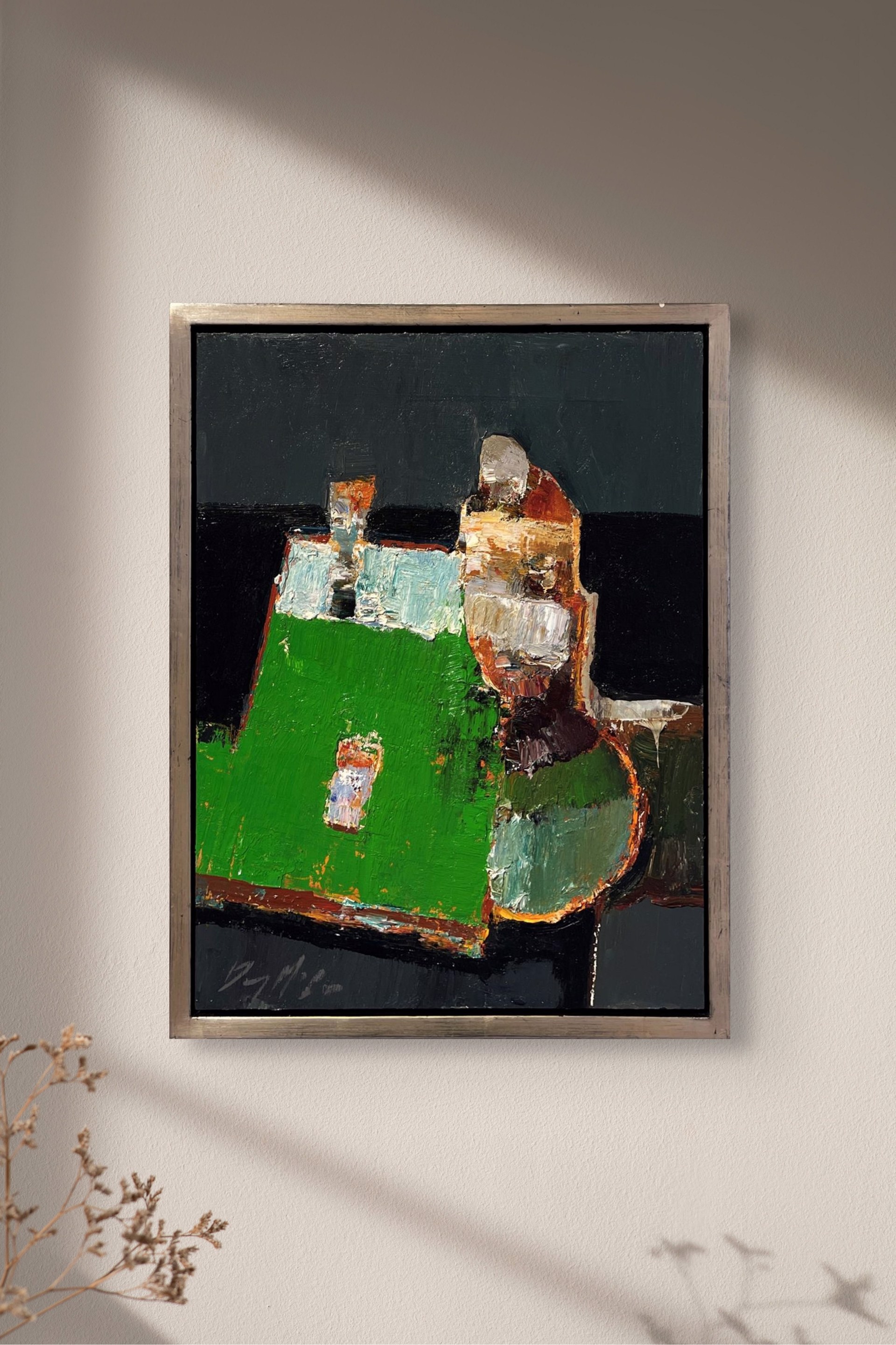 A painting of a green vase sitting on top of a table.