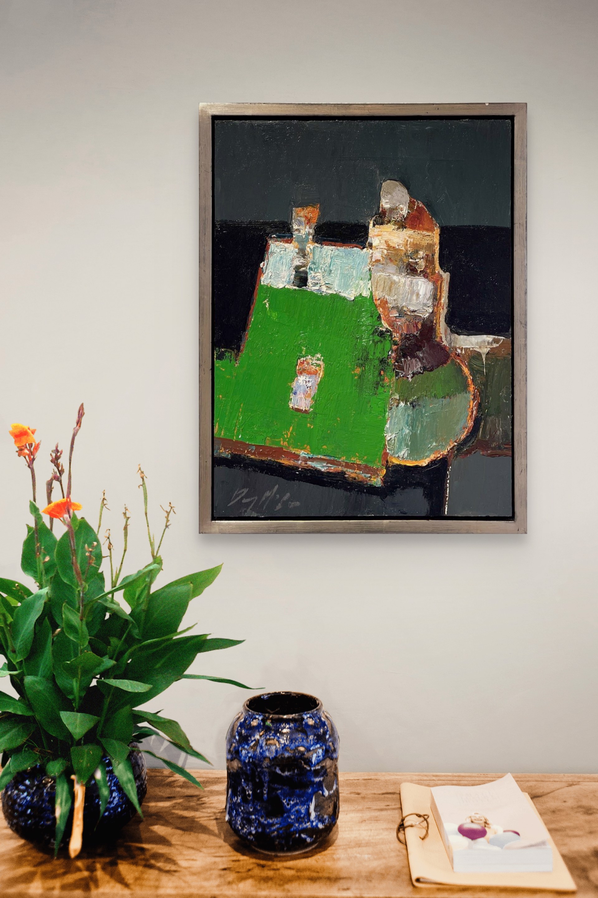 A painting of a green vase sitting on top of a table.